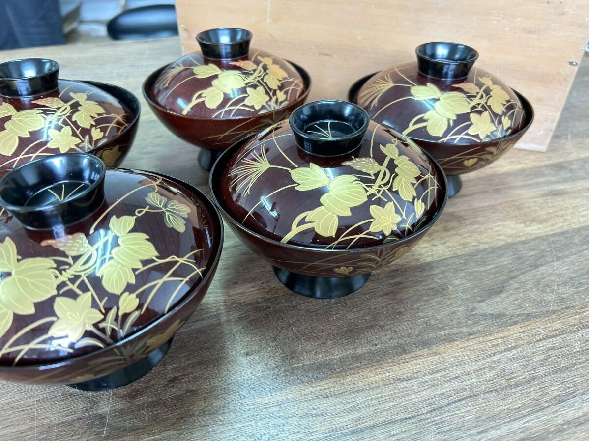 輪島塗木製 お椀 吸物椀 骨董 時代蒔絵 縁起鶴 お正月の用意に5脚G30