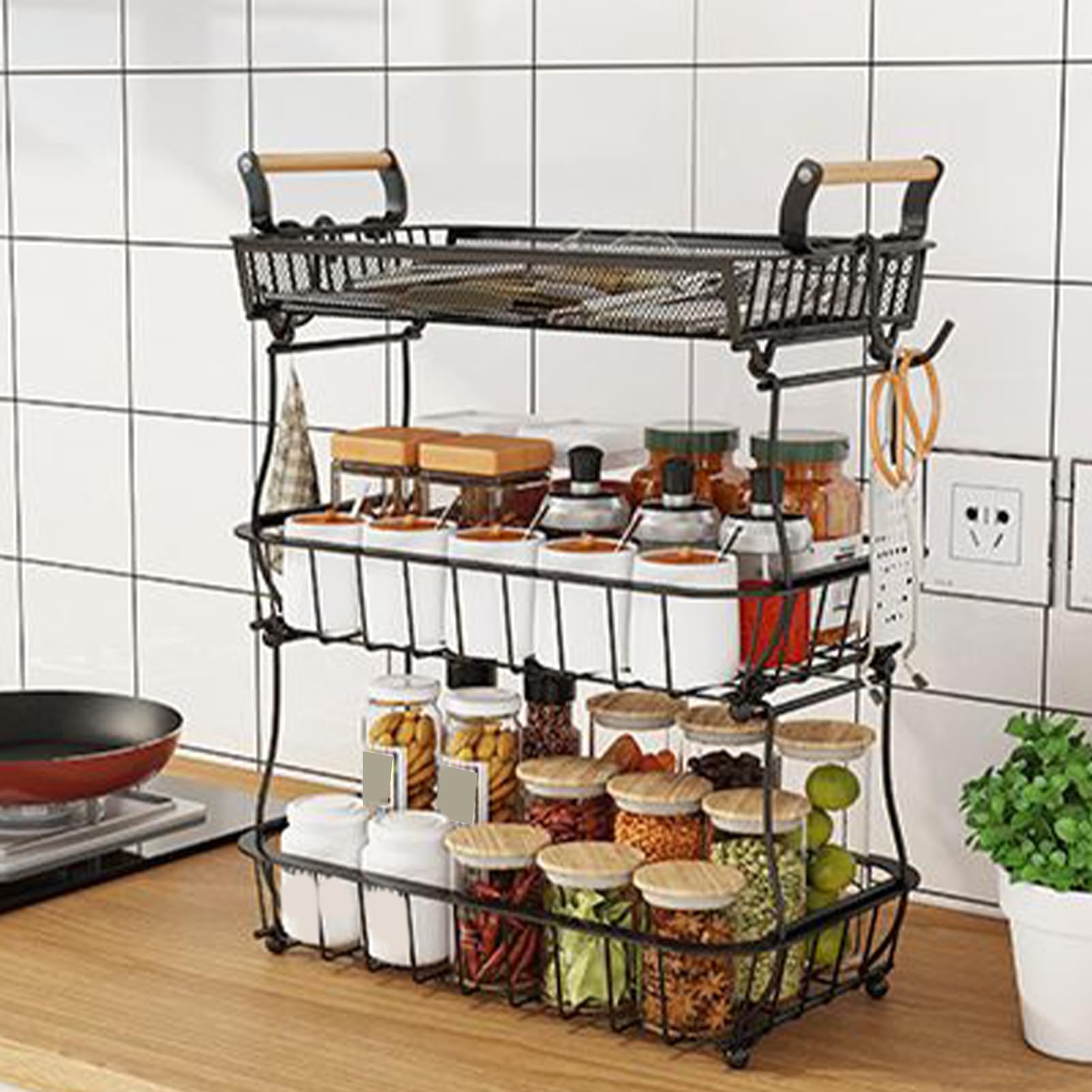 Koszyk na Owoce Na Owoce 3-Poziomowy Na Blat Kuchenny | Organizer Pojemnościowy z Drutu Metalowego z Wieszakami na Banany do Domu, Blatu, Spiżarni, Restauracji, Apartamentu, Domku