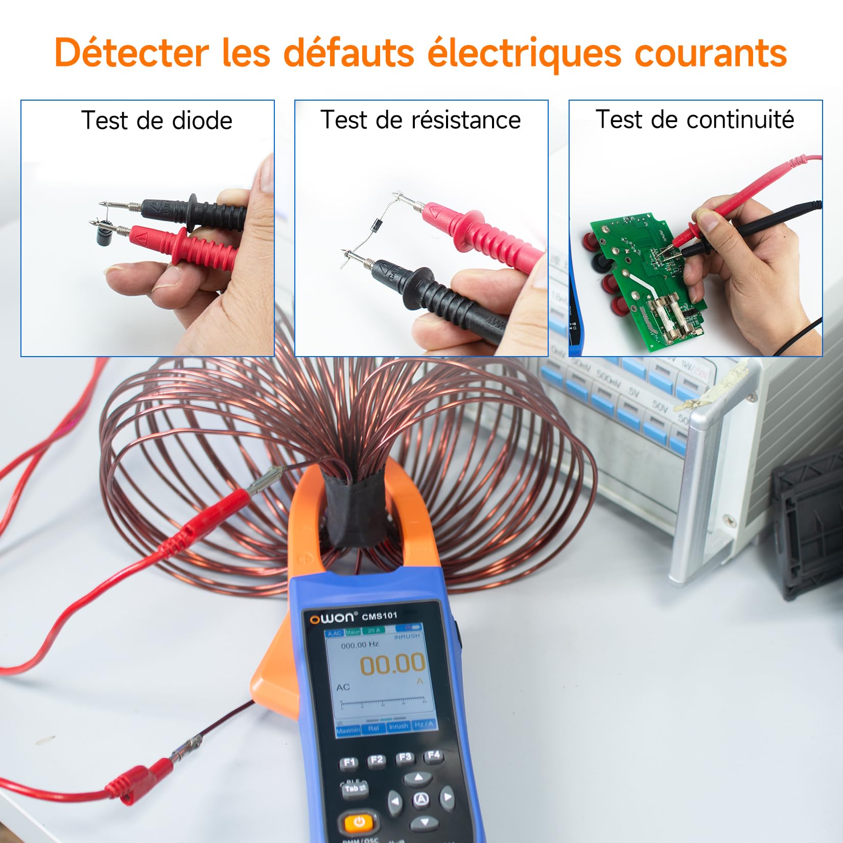 Pince ampèremétrique numérique OWON avec écran LCD IPS de 2,8 pouces, fonction oscilloscope AC/DC 3 en 1, ampèremètre à plage automatique True RMS 20 000 points, ampèremètre et oscilloscope Bluetooth