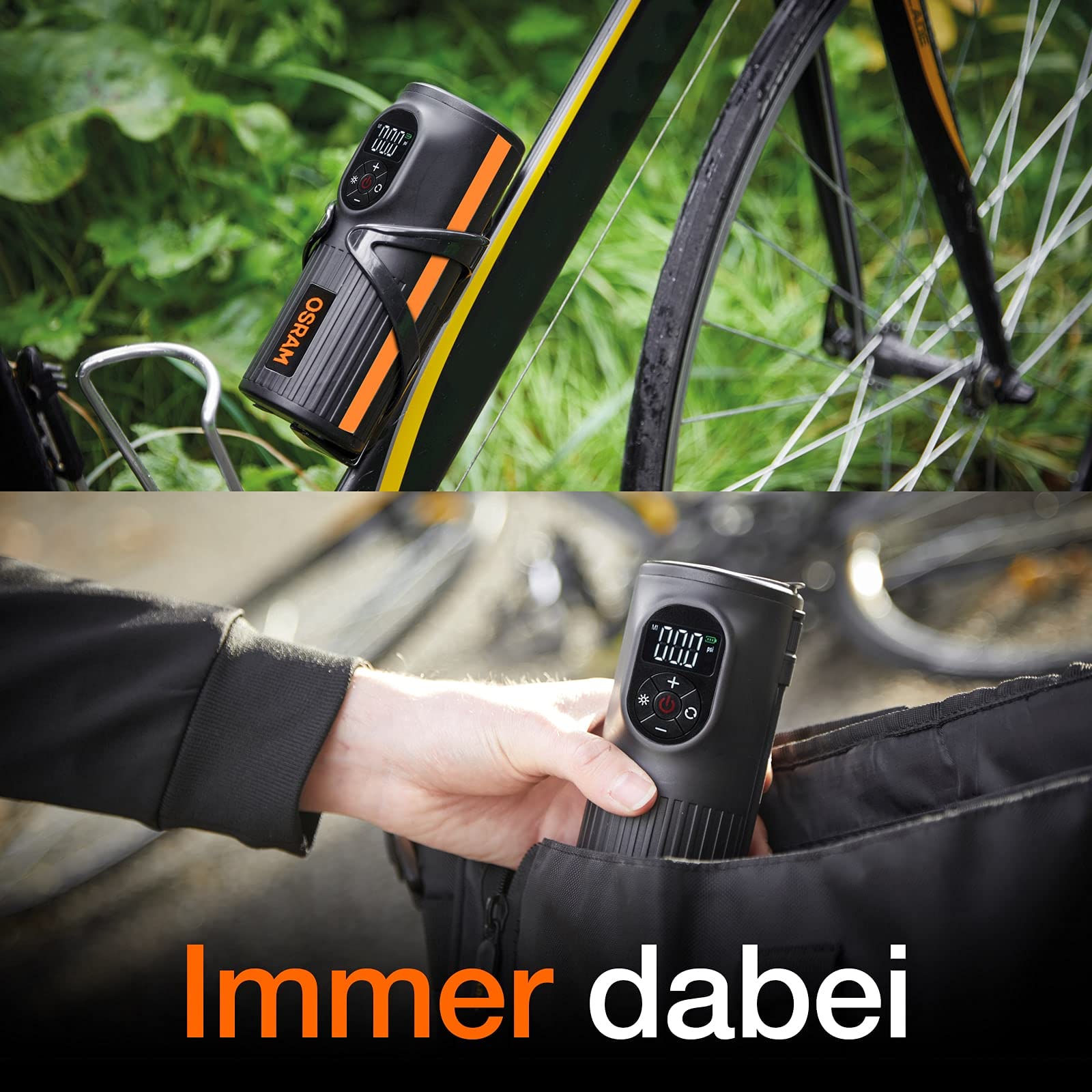 OSRAM TYREinflate 2000, kompakte wiederaufladbare Reifenpumpe mit LED Licht, tragbarer Kompressor für Reifen, Stromanschluss via USB, Reifenbefüllung in 2 Minuten