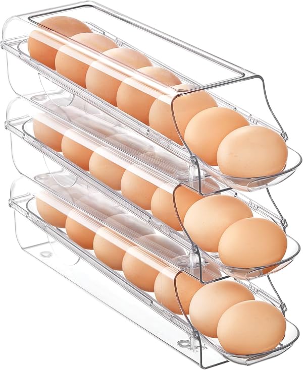 Organizador de huevos Vtopmart para refrigerador, paquete de 3, contenedor de huevos con rodillos automáticos | Bandeja transparente apilable de un solo carril para 7 huevos con bandeja interior extraíble, almacenamiento de huevos para refrigerador, ahorra espacio
