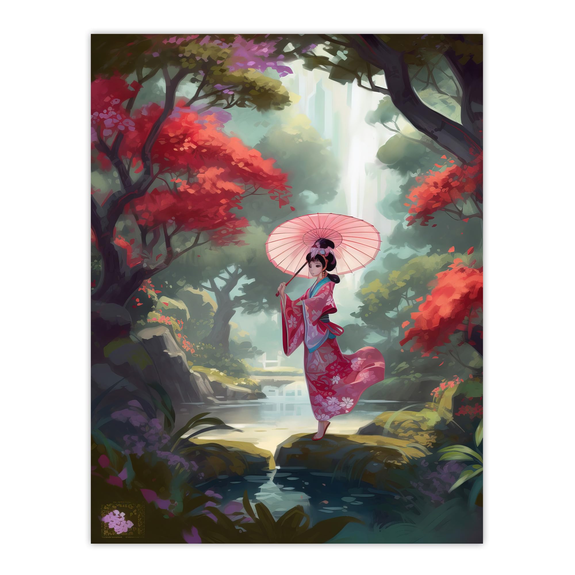 Artery8 Geisha Dancing with Umbrella By Cherry Blossom Trees Painting Traditional Pink Floral Kimono Dance in Tranquil Japanese Forest River Landscape Extra Large XL Wall Art Poster Print