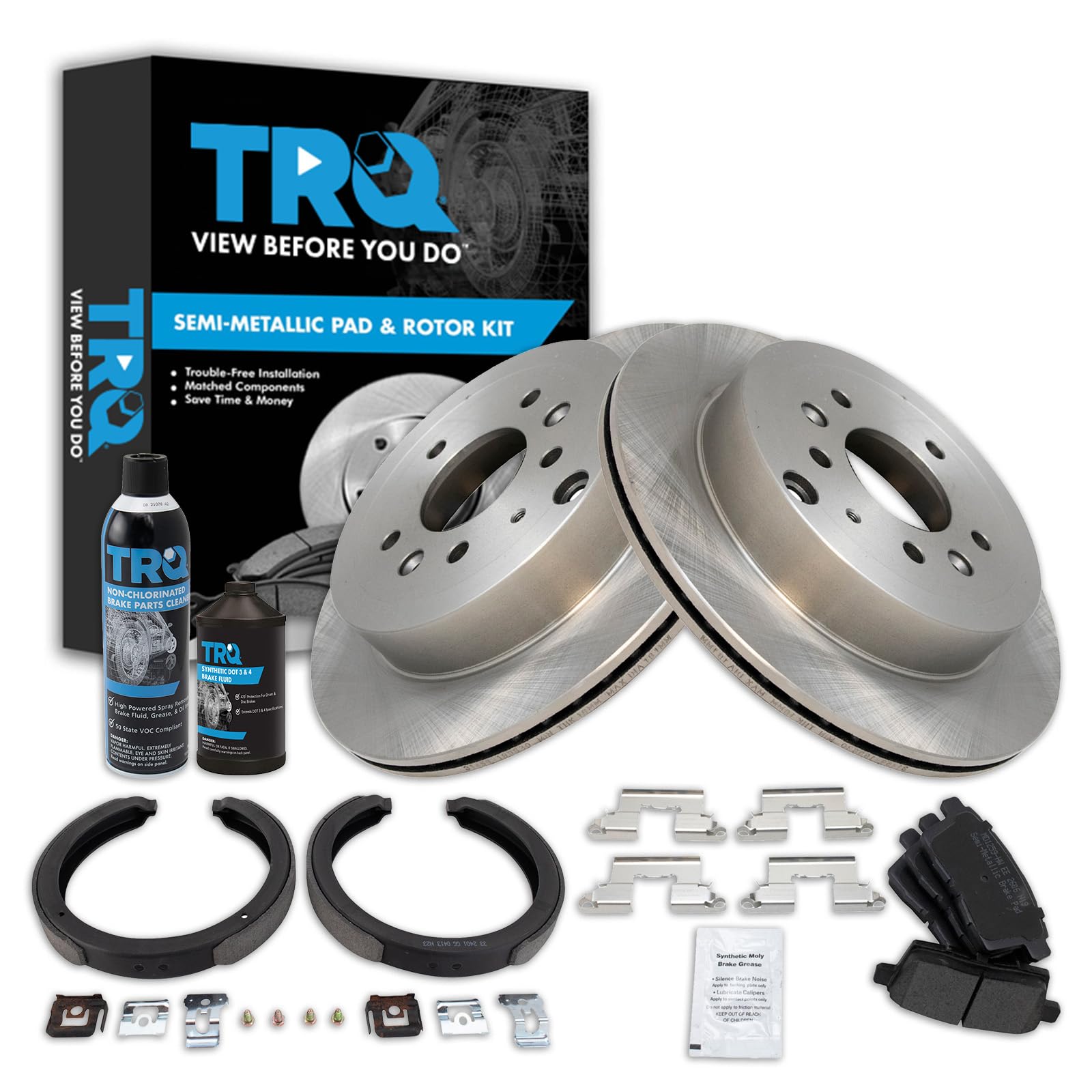TRQ Rear Brake Pad &amp; Rotor Kit with Chemical Kit Parking Brake Shoe Set