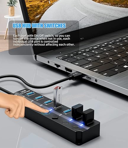 Miniatura 4 de Concentrador USB 3.0, concentrador USB Eanetf de 7 puertos con interruptores LED individuales de encendidoapagado y cable largo extendido para