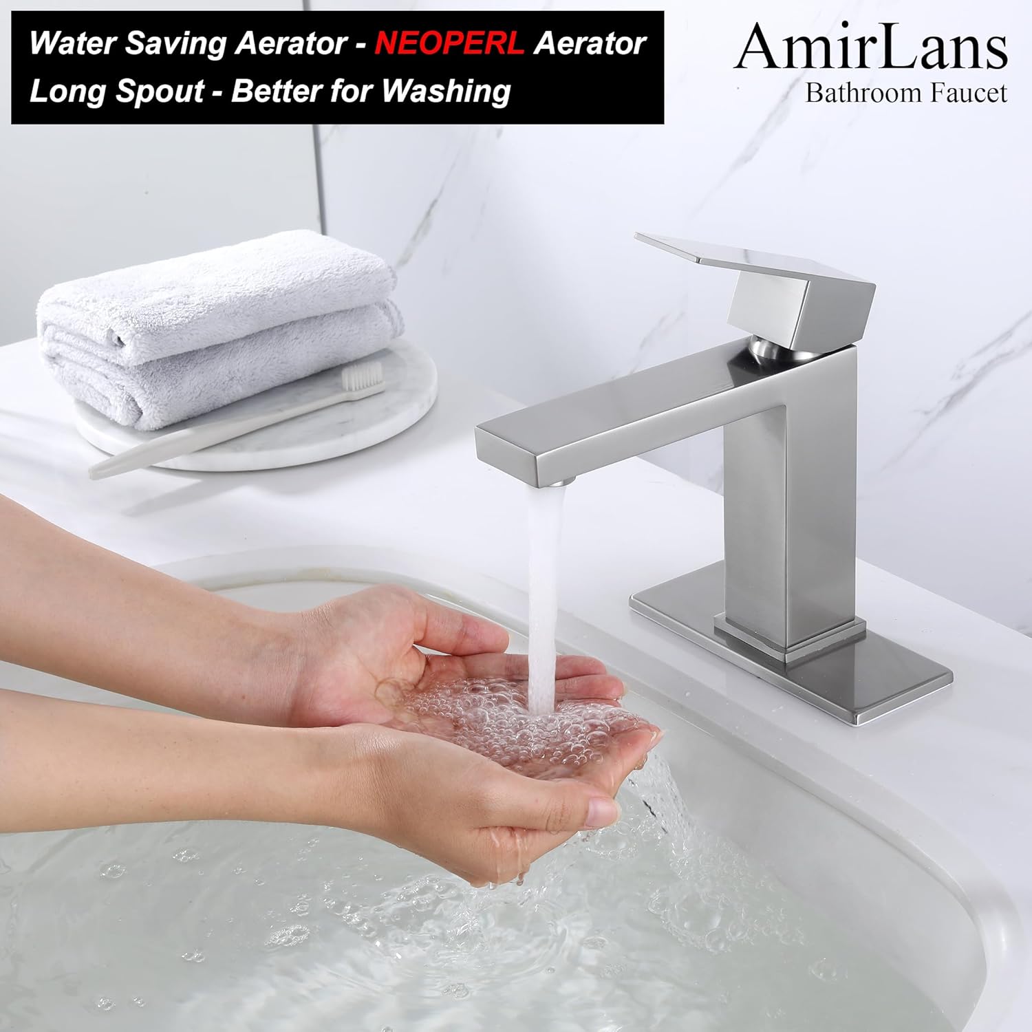 Single Hole Bathroom Faucet, AmirLans Stainless Steel Brushed Nickel Bathroom Faucet with Pop Up Stopper, Bathroom Sink Faucet AML-1141-BN