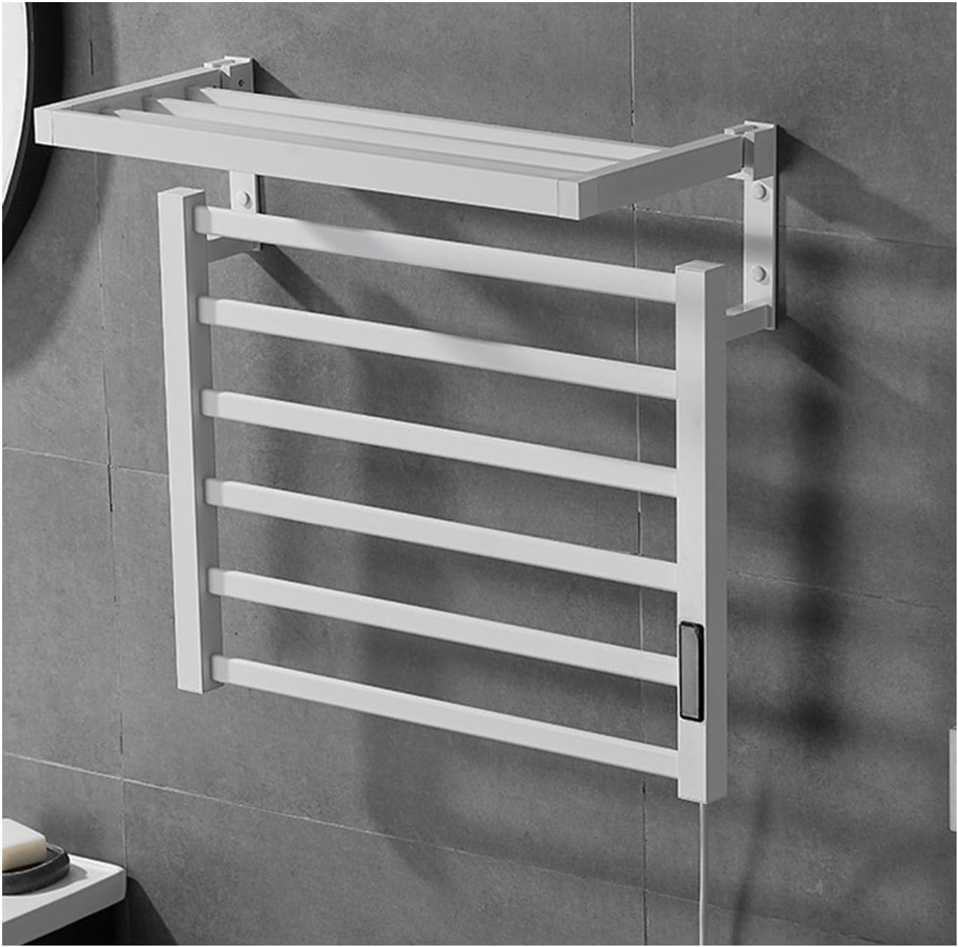 Wall Mounted Black Aluminum Heated Towel Rack with Timer & Temperature Adjustments Towel Warmer & Drying Rack for Bathroom Space-Saving Design with Top Shelf