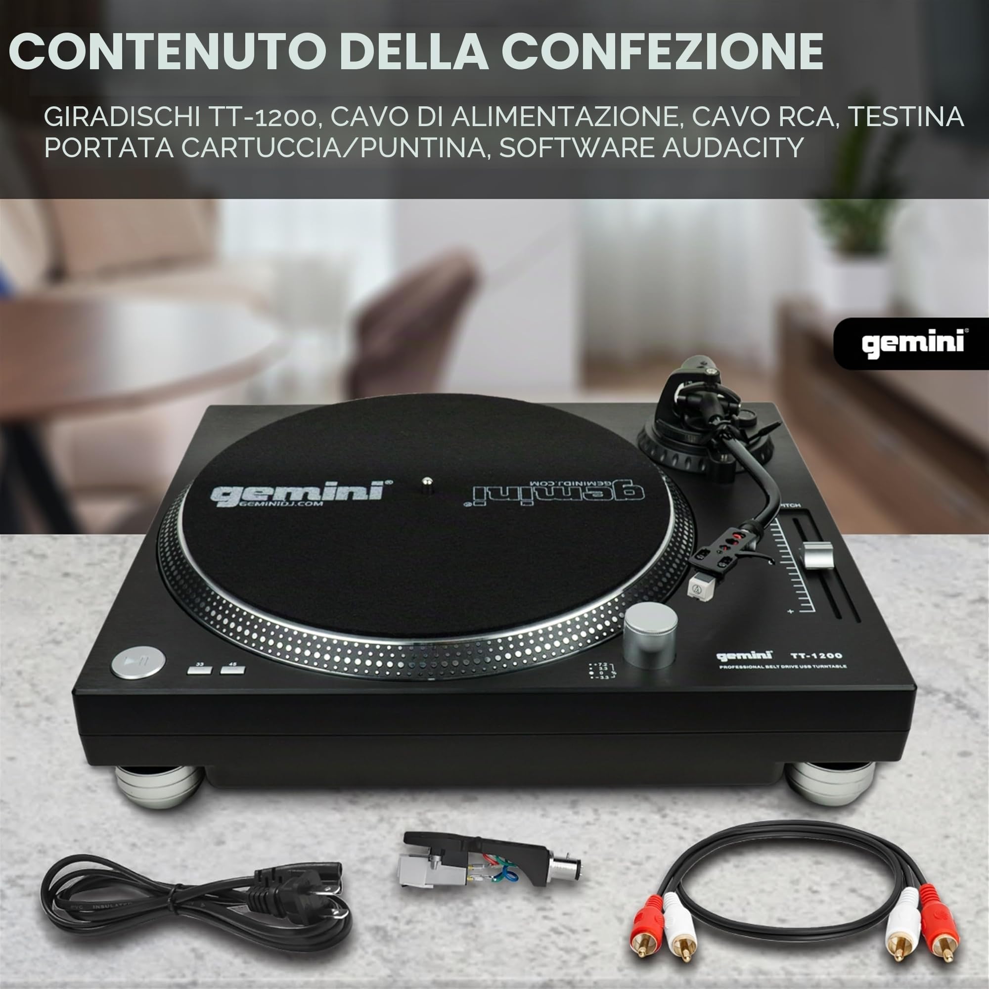 Gemini Sound TT-1200 - Giradischi in vinile a 2 velocità con trasmissione a cinghia per DJ, stereo domestico, con interfaccia USB e software di auditività inclusi