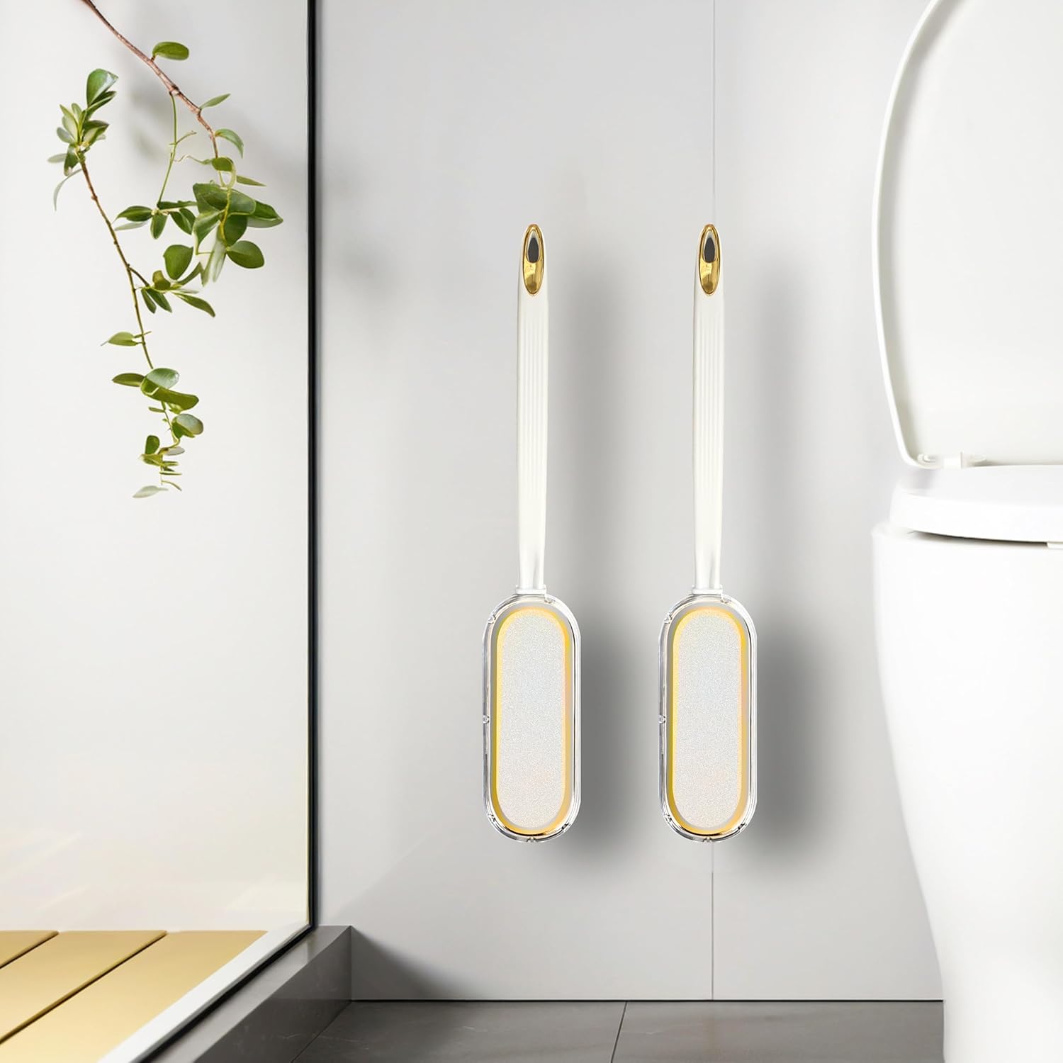 curved toilet brush and holder set 2 pack - under rim toilet bowl scrubber with s-shaped brush head & back scrubber, compact wall mounted toilet cleaning brush for bathroom (white) white 2