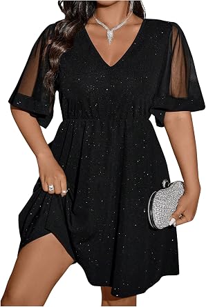 Floerns Womens Plus Size Contrast Mesh Half Flounce Sleeve V Neck Glitter Flared Hem A Line Dress