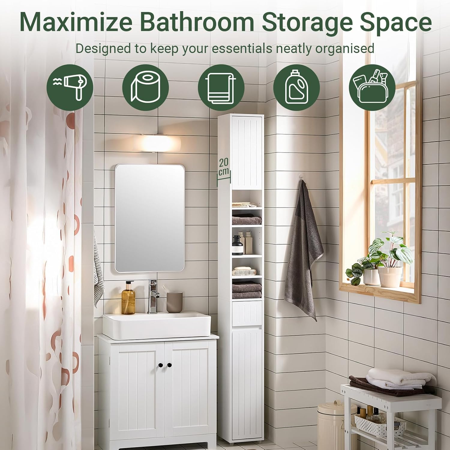 SoBuy Tall Narrow Storage Cabinet, Skinny Bathroom Cabinet with Adjustable Shelves Slender, Anti-Tipping Floor Standing Cupboard, Pinstripe White BZR160-W