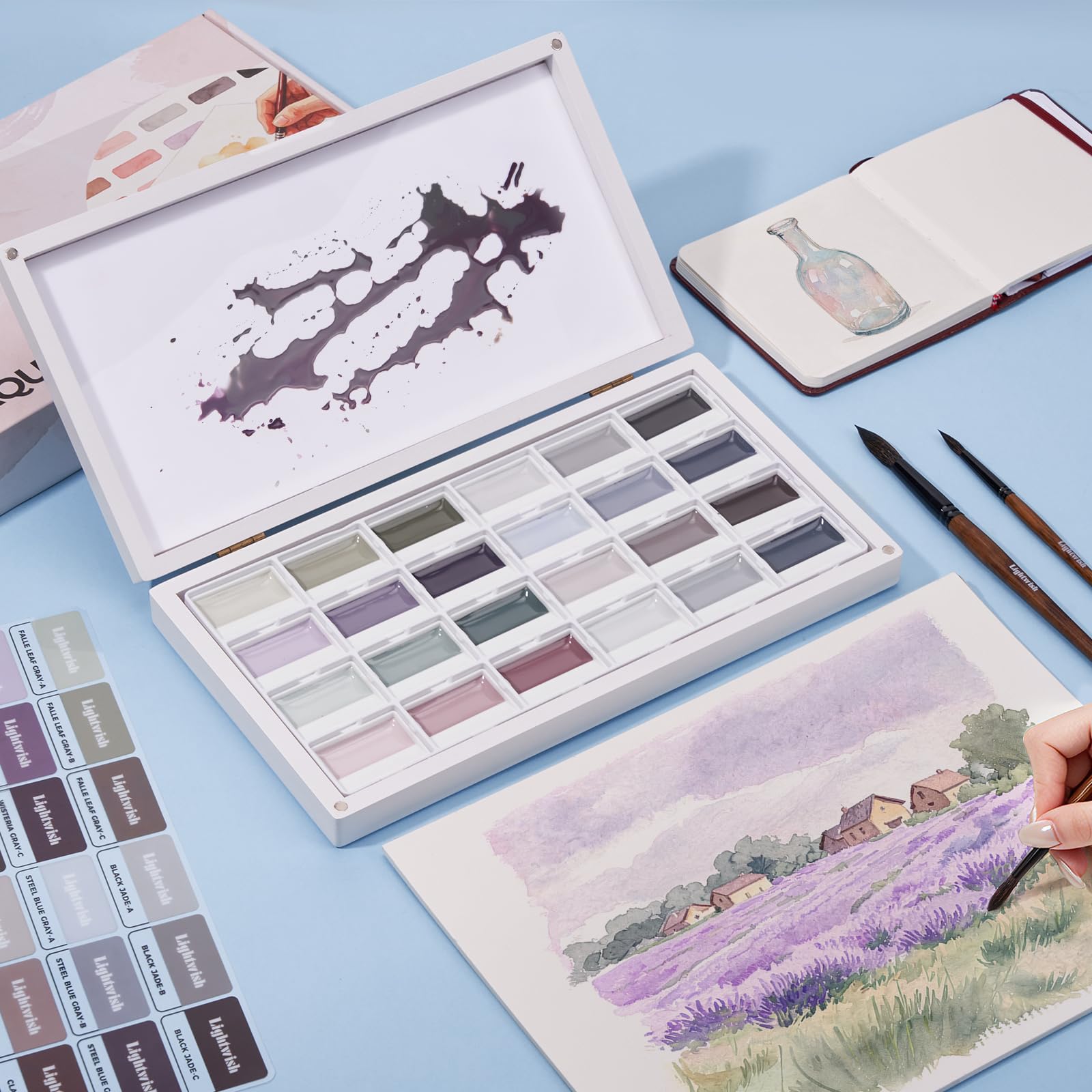LIGHTWISH Aquarellfarben, 24 Farben, in Holzbox mit Mischpalette, Undurchsichtig, Professionelles Aquarell Set, starke Deckkraft, intensive matte Farben, perfekt zum Malen für Anfänger und Profis
