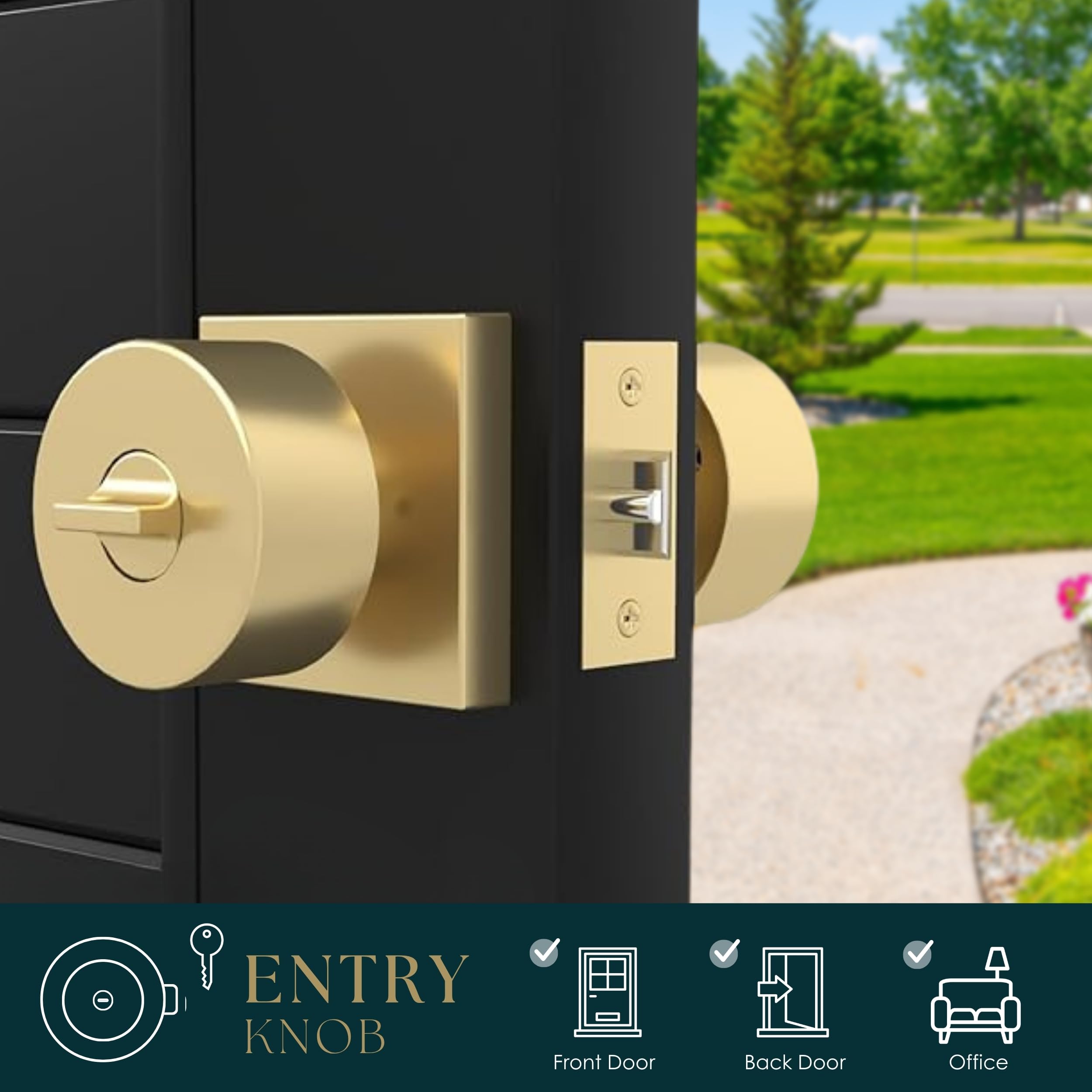 Mega Handles Pomo de puerta de entrada I para entrada, dormitorio y baño, diseño reversible resistente, se adapta a todos los tamaños de puerta estándar, tornillos incluidos, latón satinado (paquete