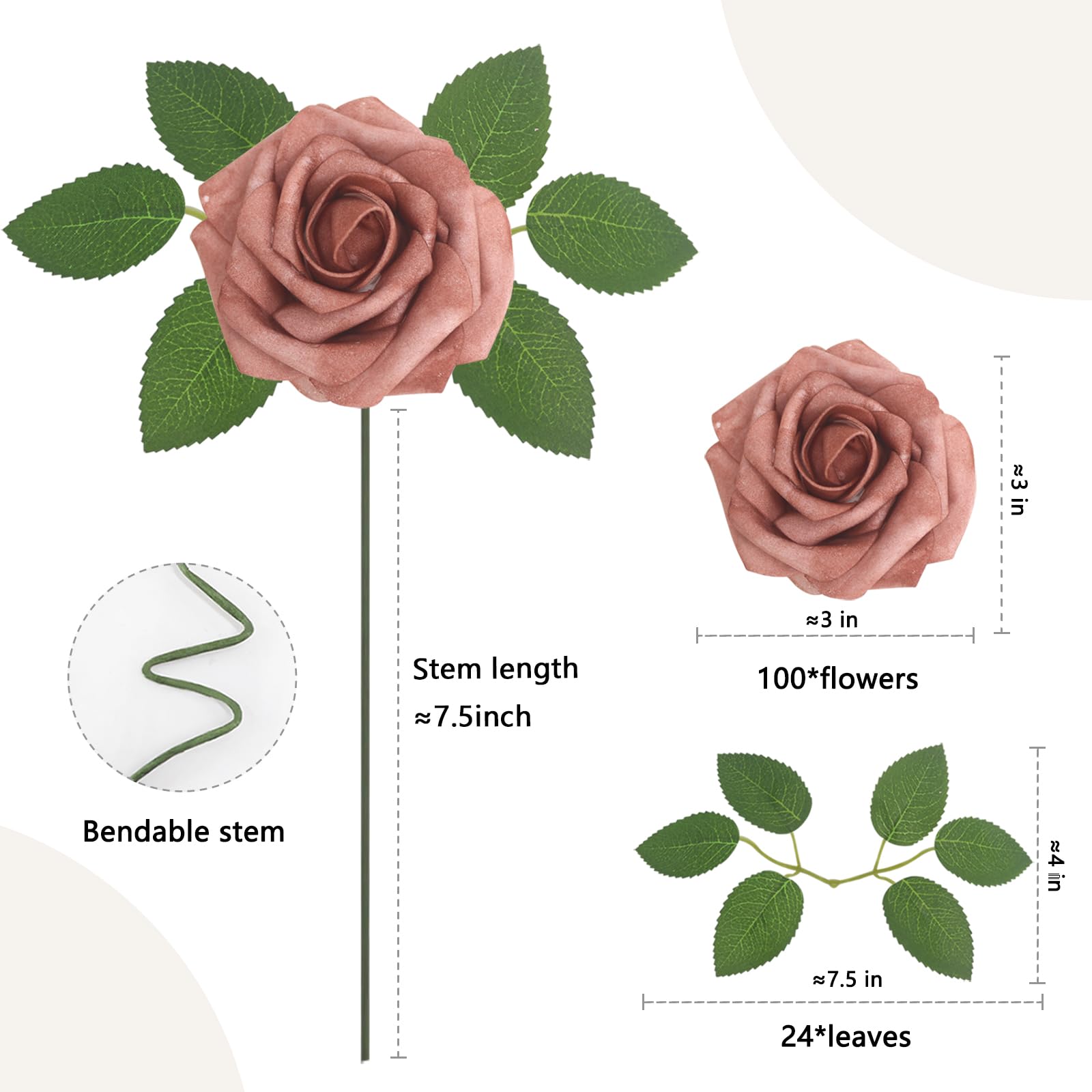 Künstliche Rosen, warmtaupe, echt aussehende Schaumstoffrosen mit Blättern für selbstgemachte Hochzeitssträuße, Brautparty, Party-Dekorationen (warmes Taupe, 100 Stück)