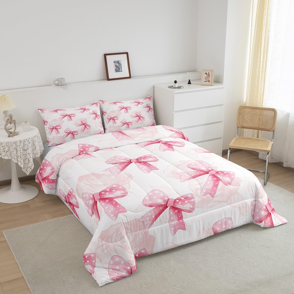 Feelyou Kids Pink Bow Bedding Set Toddler Size, Cute Bowknot Comforter Set Boys Girls Romantic Rose Duvet Insert Teens Bedroom Decor Bed Set 2Pcs