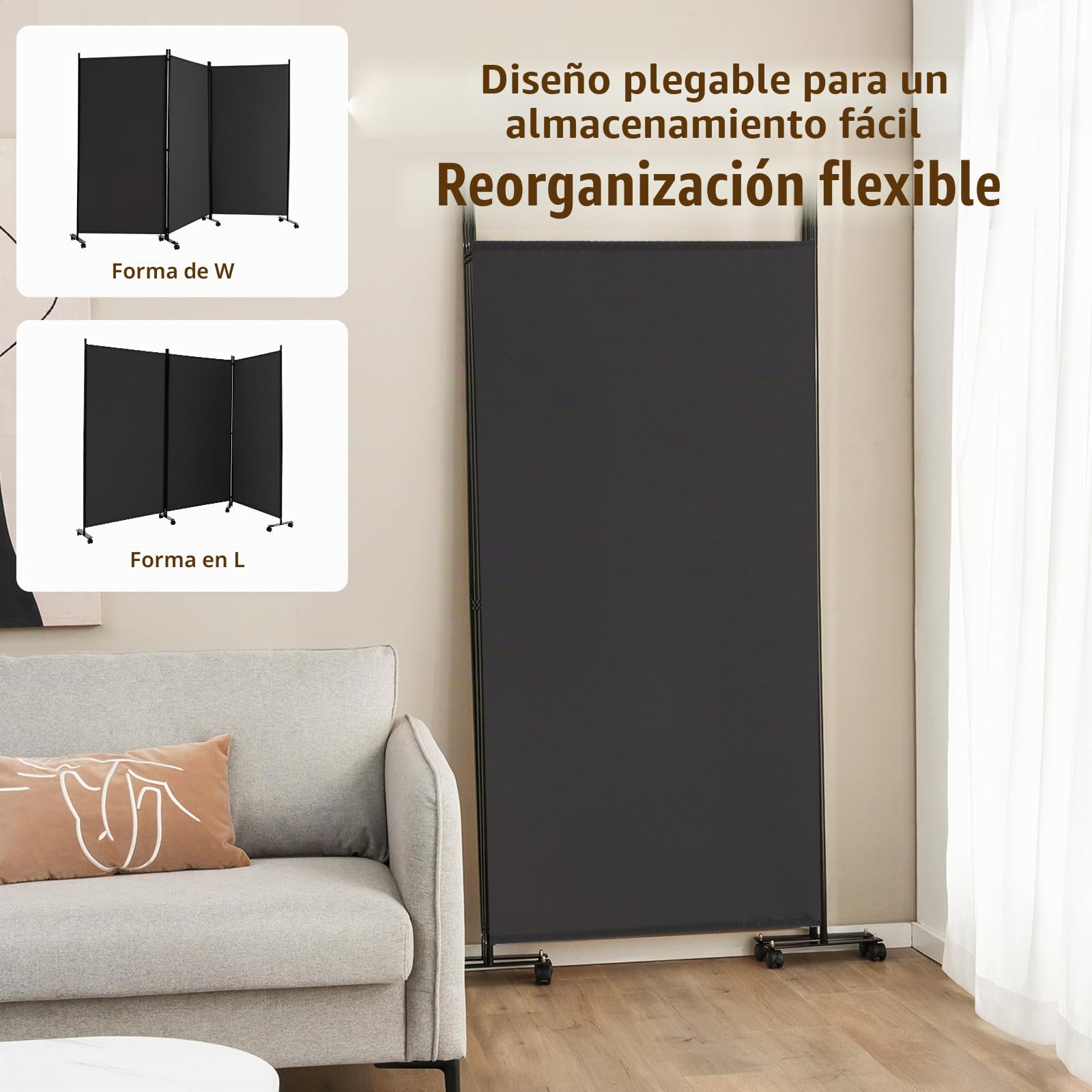 LIFEZEAL Biombo Plegable de 3 Paneles para Interior y Exterior, Divisor de Pie con 8 Ruedas, Pared Tabique, Estructura Metálica, Protección de la Intimidad, Separador de Espacios (Gris)