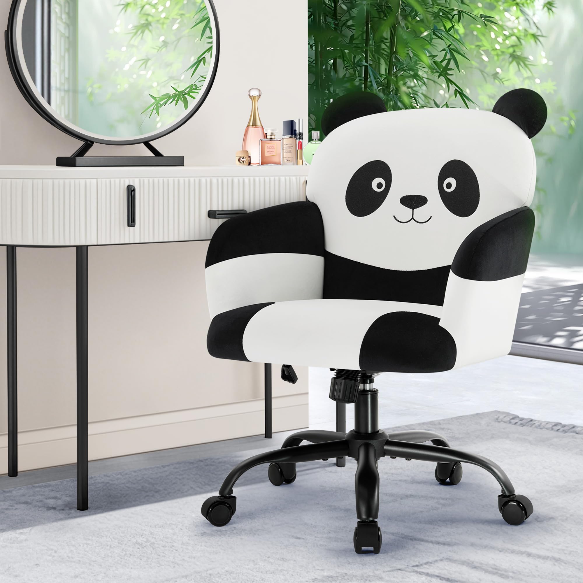 IWMH Home Office Chair Wide Seat Desk Chair Cute Velvet Swivel Vanity Chairs Cat Themed Computer Task Chairs with Wheels Upholstered Modern Accent Armchair for Living Room Bedroom Study Makeup: Black 1