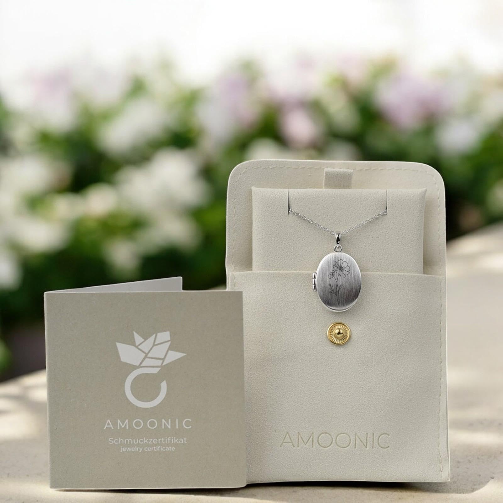 Amoonìc Damen Medaillon mit Geburtsblume oval Silber 925 / Gold vergoldet | Kette zum Öffnen für Bilder personalisiert mit Geburtsblumen Gravur, Geschenk Geburtstag