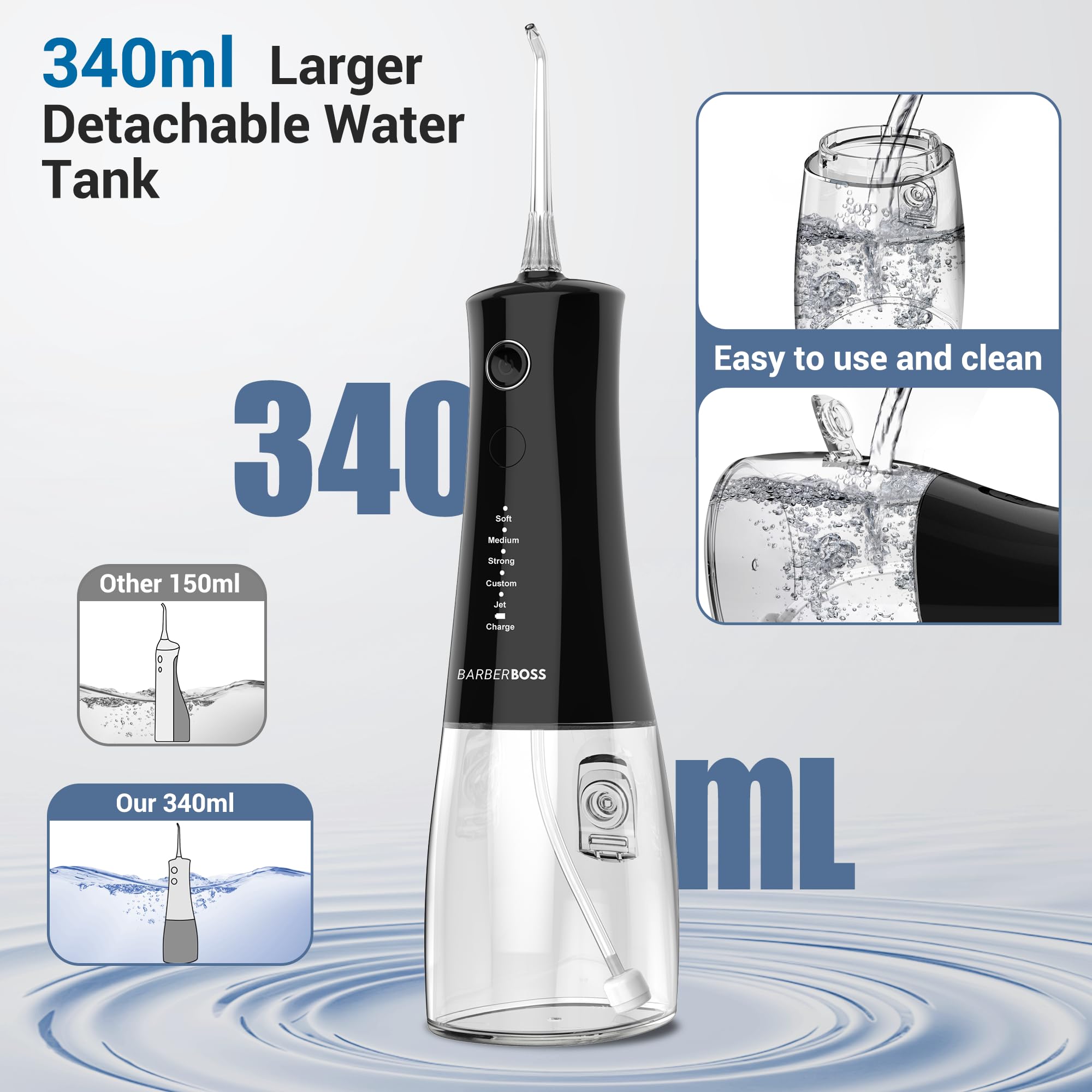 BarberBoss Hydropulseur sans fil, irrigateur buccal avec 4 embouts de jet et 5 modes de pression, nettoyeur professionnel pour dents et gencives, réservoir d'eau de 340 ml et étanchéité IPX8, QR-7105
