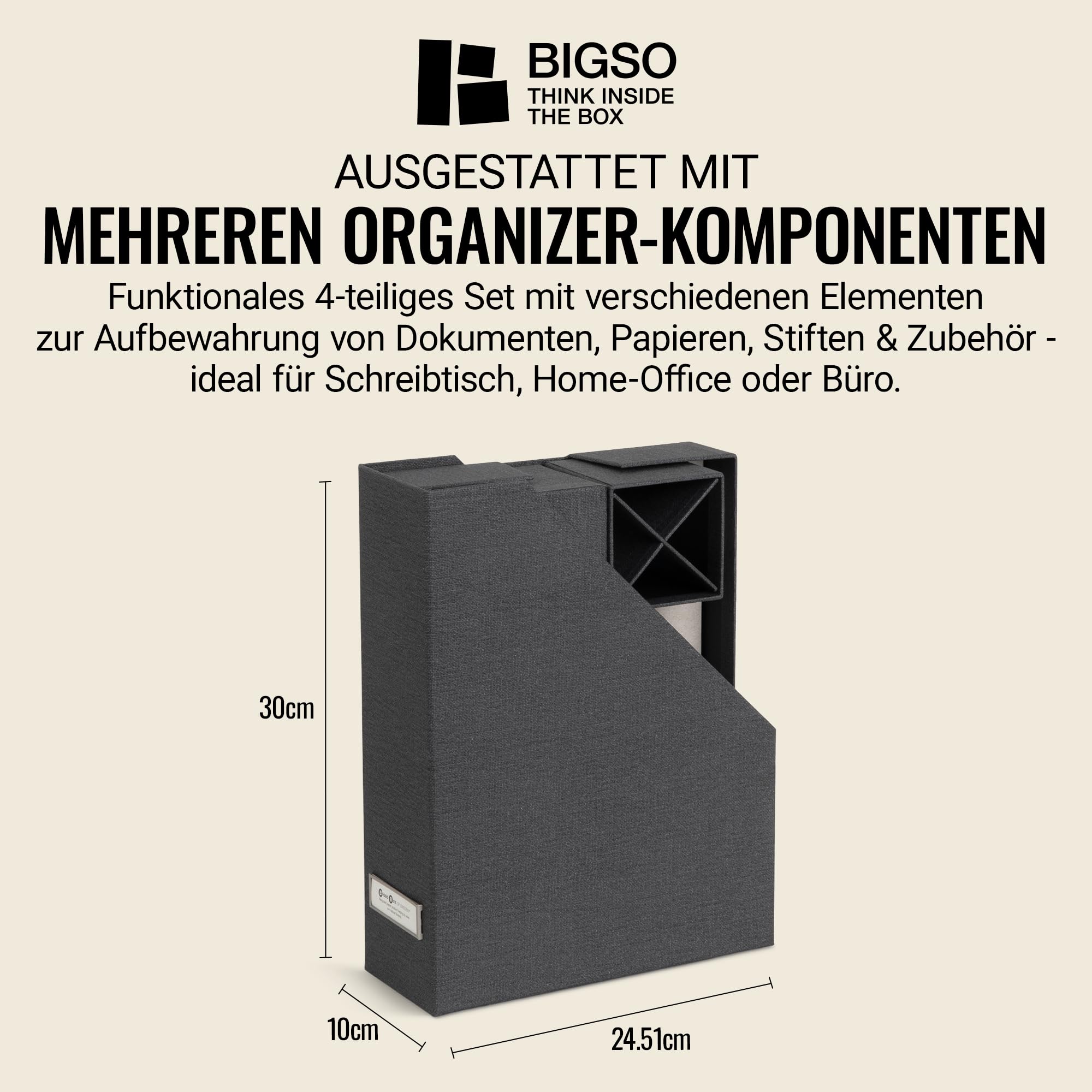 BIGSO HUGO 4-teiliges Schreibtisch Set mit 1 Stehsammler, 1 Stifthalter, 1 Sortierkasten und 1 Box ohne Deckel – Ordnungssystem aus Faserplatte und Papier in Leinenoptik – schwarz