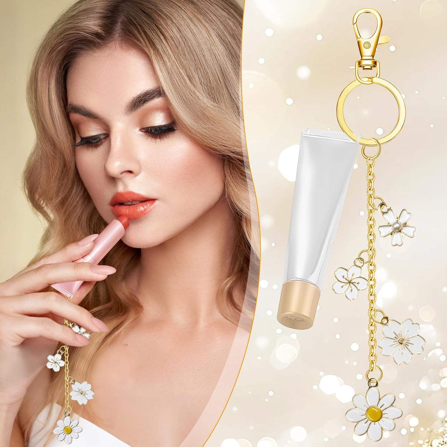 X-Kingsun 303 Pcs Lip Gloss Keychain Making Kit 100 White Lips Charms Jewelry Plier Keychains Clips Gold Extender Chains for Women DIY Crafting Making