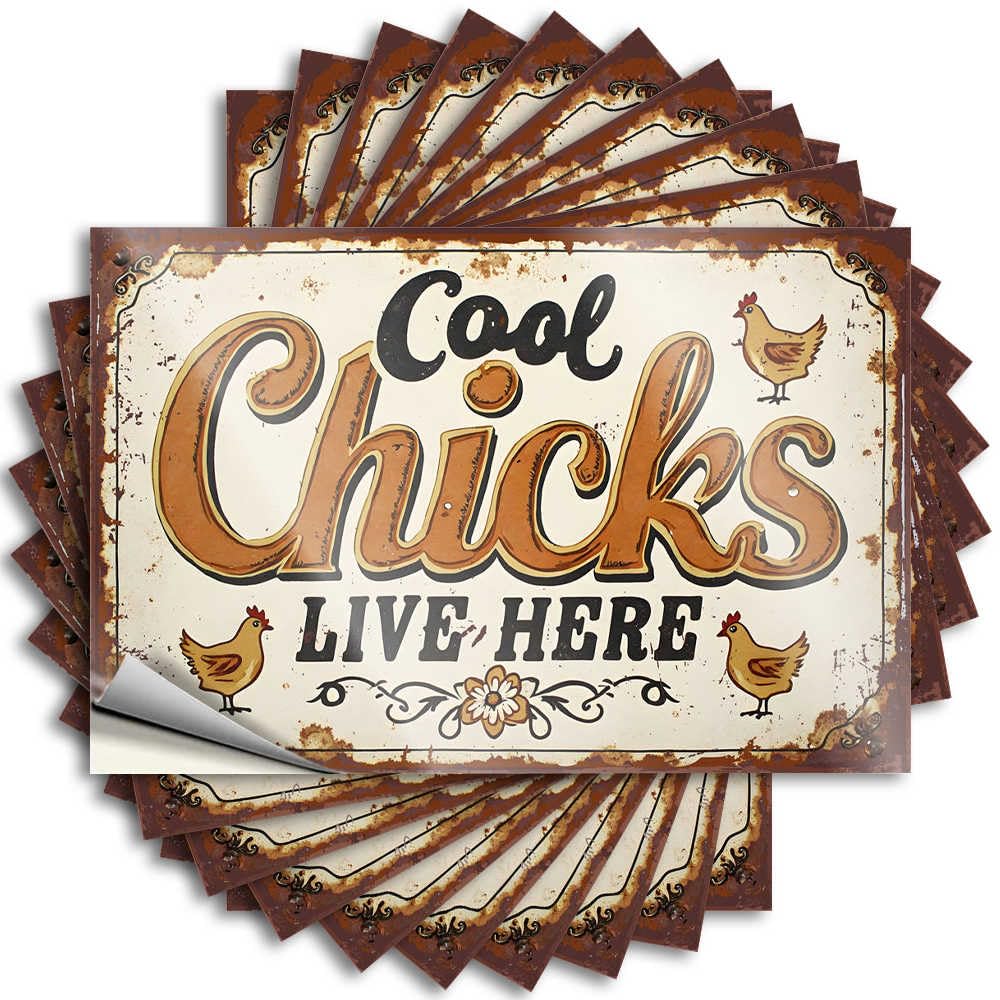 Fzfn Colour Large Door Quote | Rustic Sign: Cool Chicks Live Here With Chicken Illustrations Punk For Antimicrobial Decor(12X18cm)
