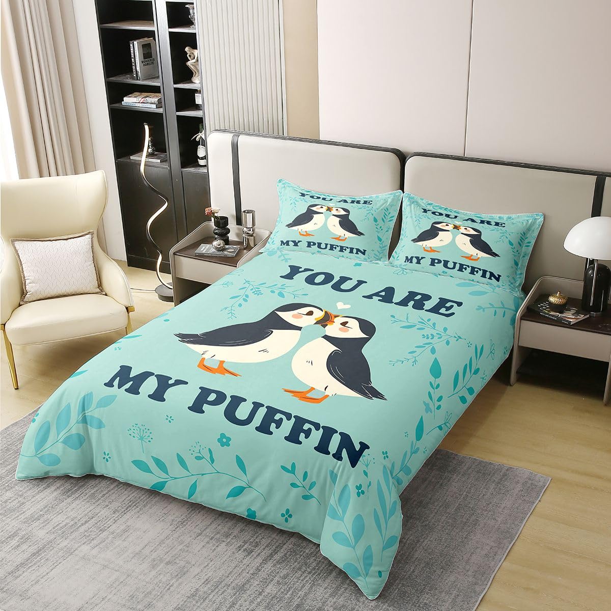 Homewish Pärchen Papageientaucher Baumwolle Bettwäsche 220x240 Frisch und Romantisch Mintgrün Bettbezug Cartoon Tiere Puffin Bird Bettwäsche Set Pflanzen Blätter Blumen Herz Dekor Bedding Raumdekor
