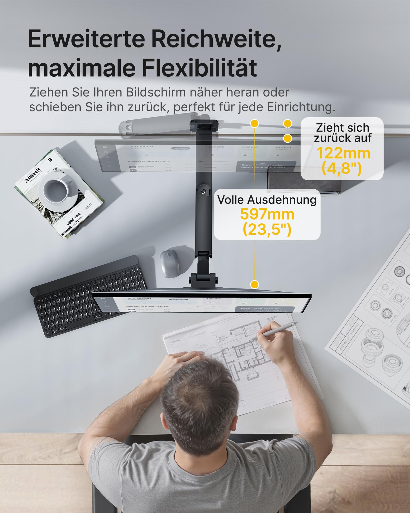 monTEK Ultrawide - Supporto da parete per monitor da 17-49 pollici | Supporto per monitor ad alte prestazioni, fino a 20 kg, braccio per monitor regolabile, 75 x 75/100 x 100 VESA, nero