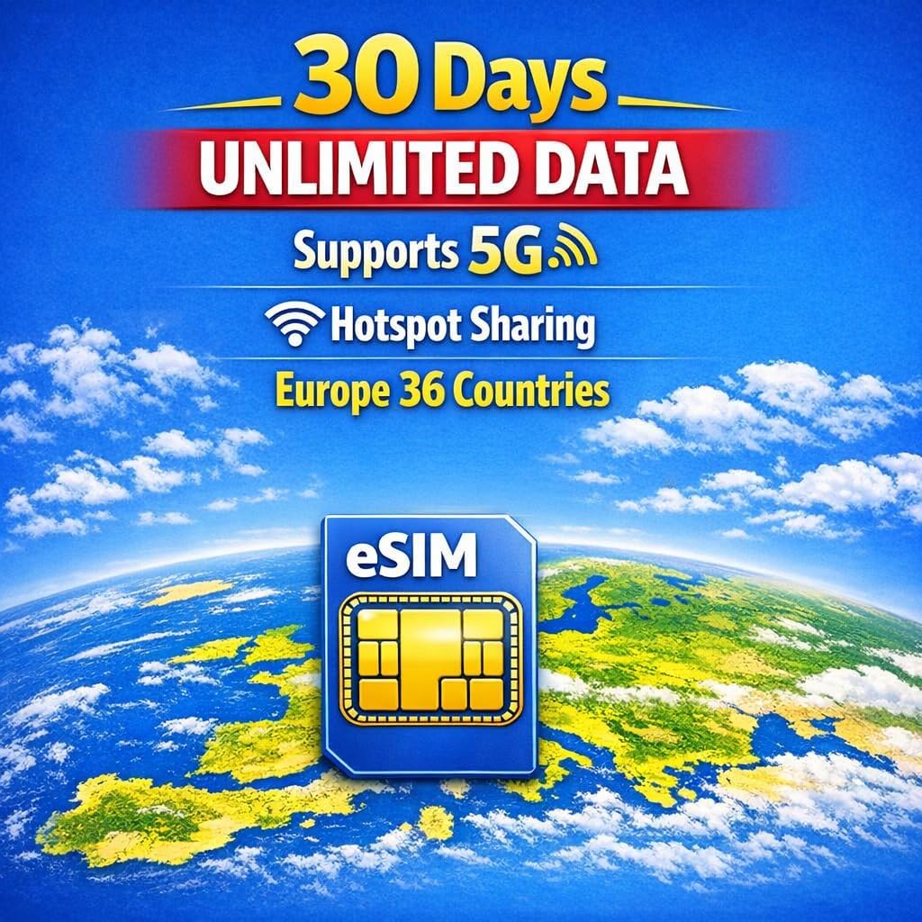 Europe eSIM Card for 36 Countries, 5G High Speed Data, Hotspot Supported, Rechargeable, No Registration Needed (10GB 20days)