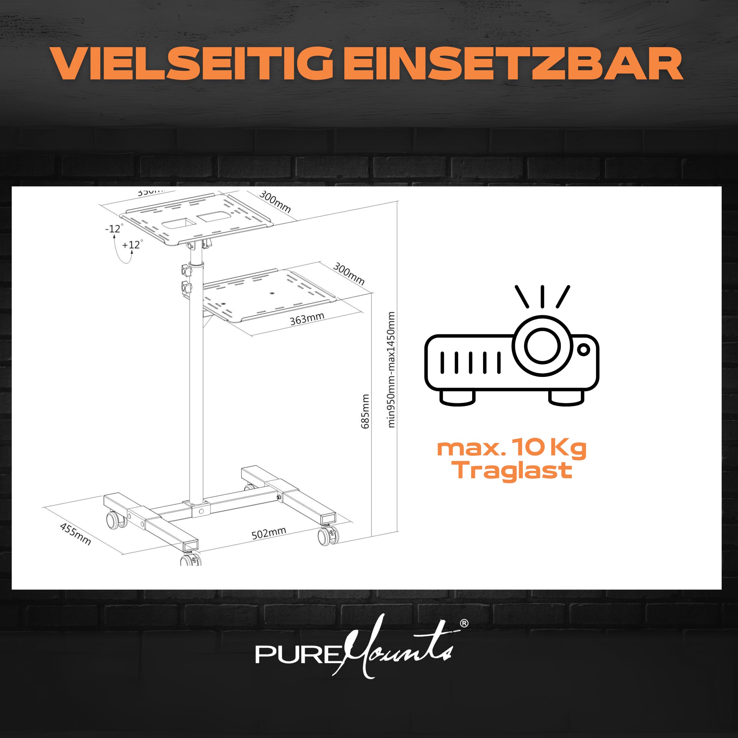 PureMounts PM-PCART-10 Chariot de Projection inclinable réglable 950-1450 mm, roulettes verrouillables, charge 10 kg, Noir