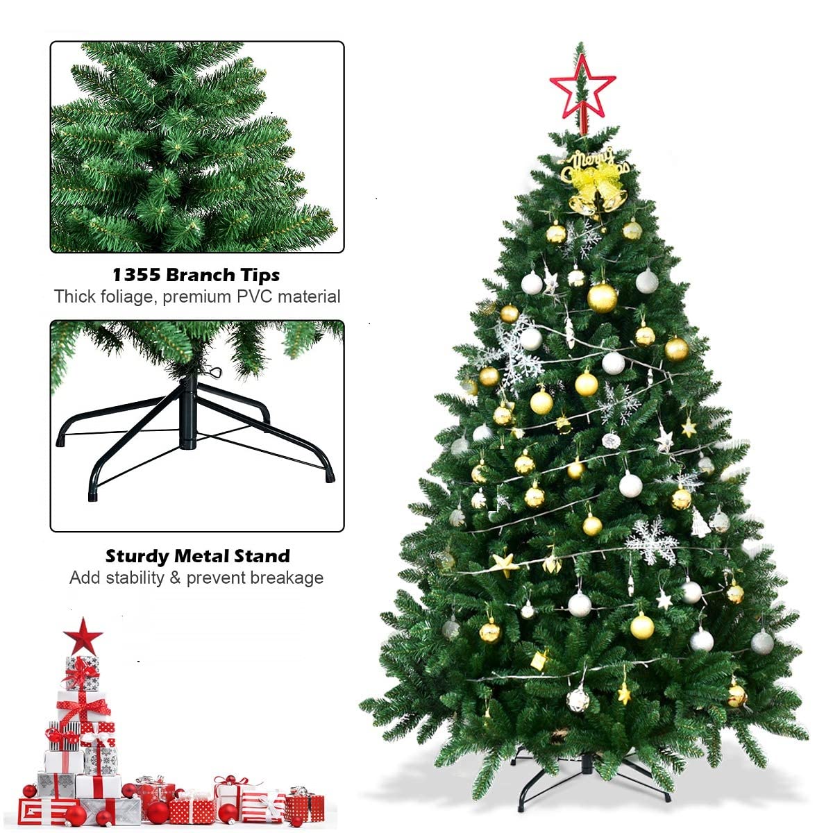 GIANTEX Árbol de Navidad Artificial 180/230/275 cm, Árbol Falso con 1355/2254/3594 Ramas de PVC, Soporte de Metal, Fácil Montaje, Árbol Decorativo para Tienda, Oficina, Hogar, Verde (180 cm)