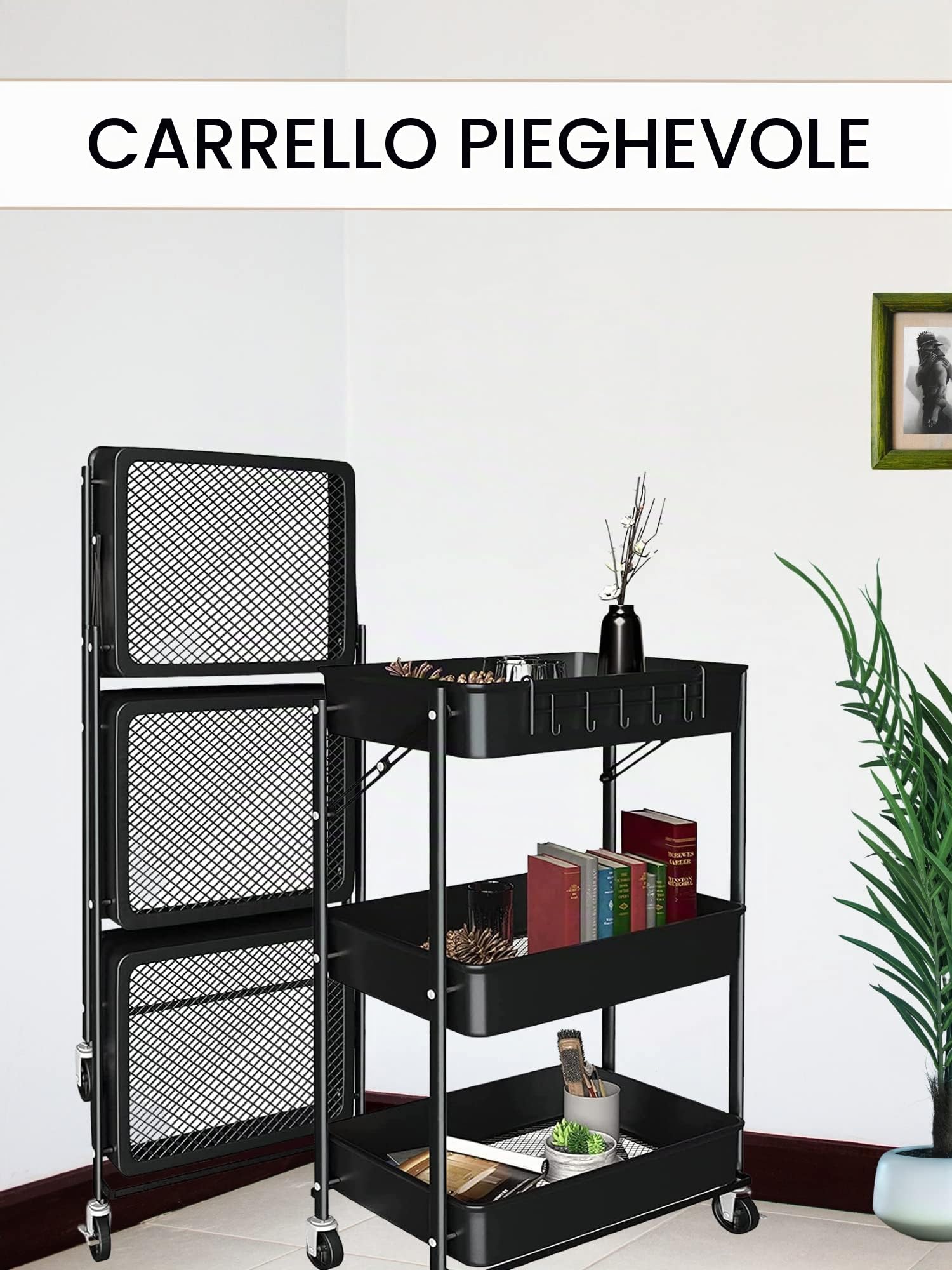 MAGIC SELECT Carrello da cucina ausiliario. Carrello Pieghevole per Fruttivendolo, Multiuso. Mensola da cucina con ruote. Carrello di servizio con 3 livelli di stoccaggio per la casa, il bagno.