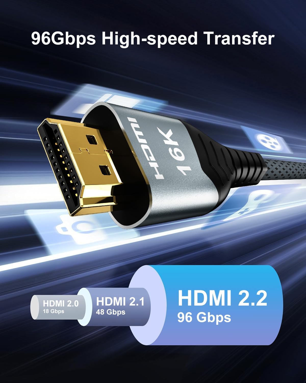 16K HDMI 2.2 Cable 96Gbps 16.4FT/5M, Ultra High Speed HDMI Braided Cord Support 4K@480Hz 8K@240Hz, HDCP 2.2&2.3, Dynamic HDR, eARC,DTS:X, Compatible with Roku TV/HDTV/PS5/Blu-ray - Image 2
