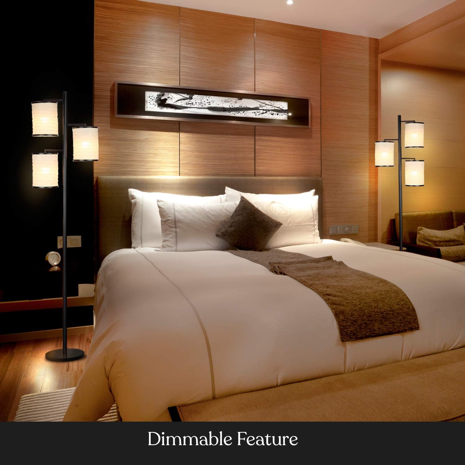 Brightech Liam Floor Lamp, Great Living Room Décor, Tree Lamp for Offices, Asian Lantern Shade Lamp for Living Rooms, Standing Light with 3 LED Light Bulbs for Bedroom Reading - Black