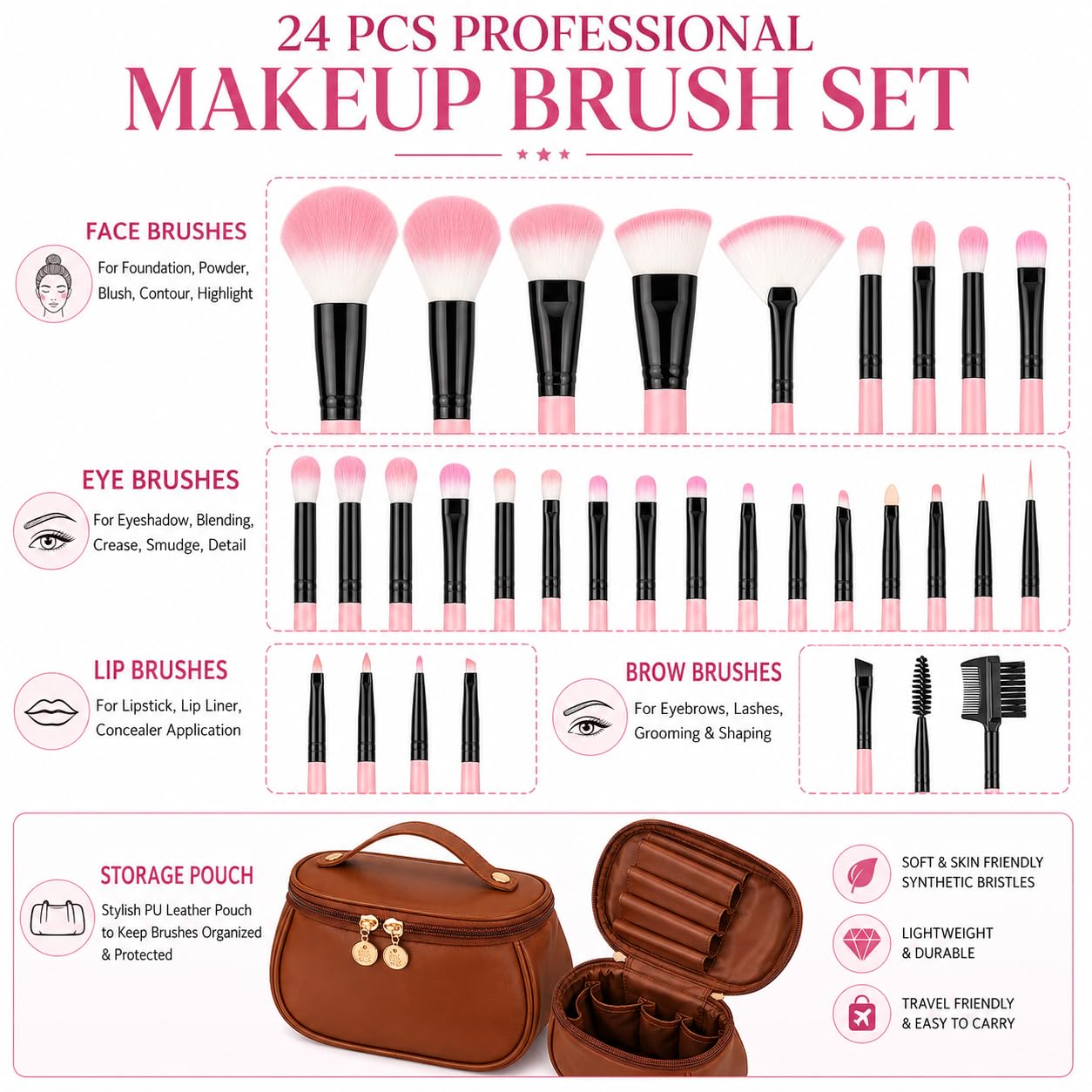 Set di 24 pennelli da trucco professionali con custodia da viaggio in pelle PU di alta qualità, morbide setole vegane, kit di pennelli per trucco viso e occhi, per donne e ragazze, borsa compatta