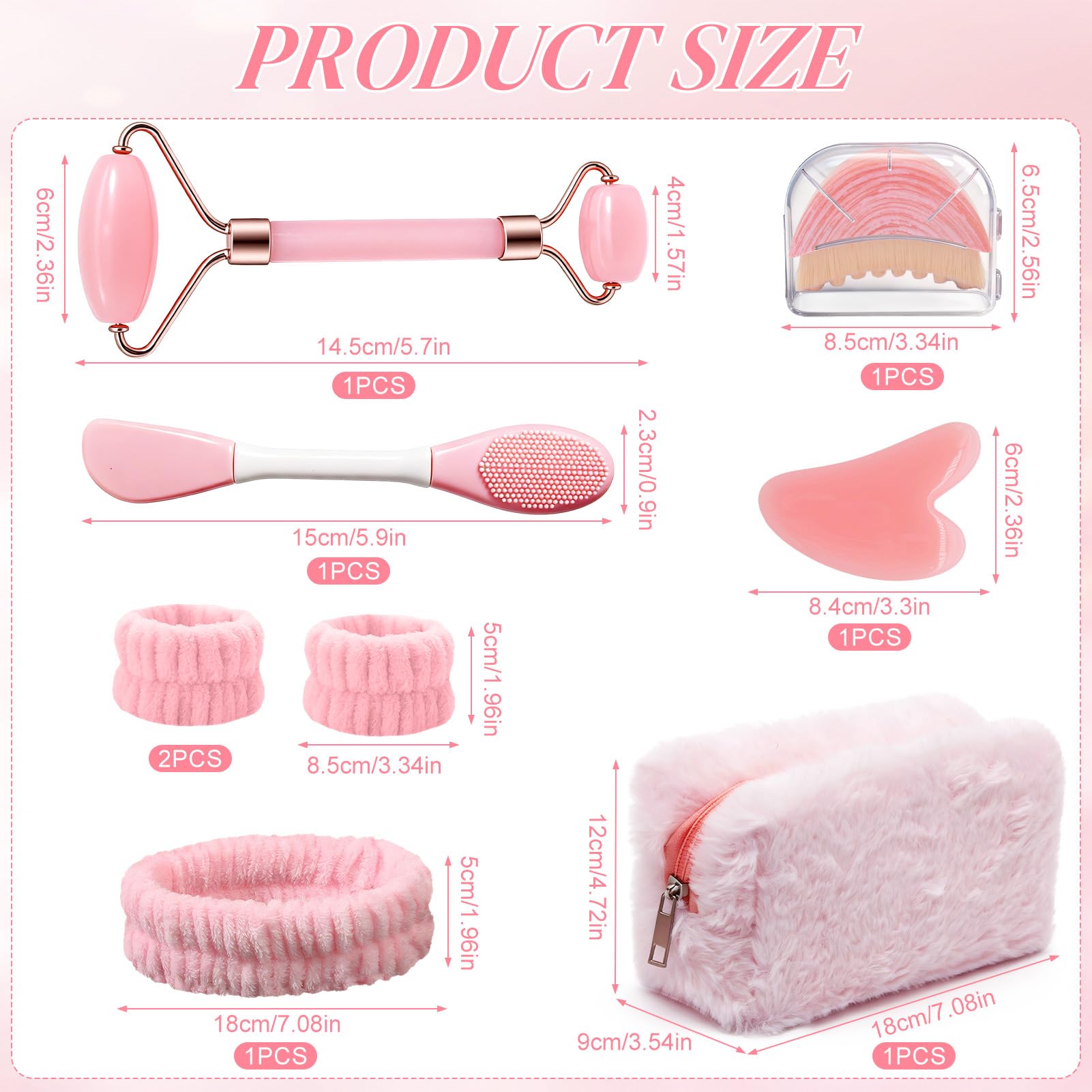 8 Piezas Kit de Masaje Gua Sha para Mujer, Gua Sha Cuarzo Rosa, Rodillo de Masaje, Cepillo Facial de Contorno, Diadema, Bolsa de Maquillaje, Regalos Guasha Facial Jade para Familia, Amigos