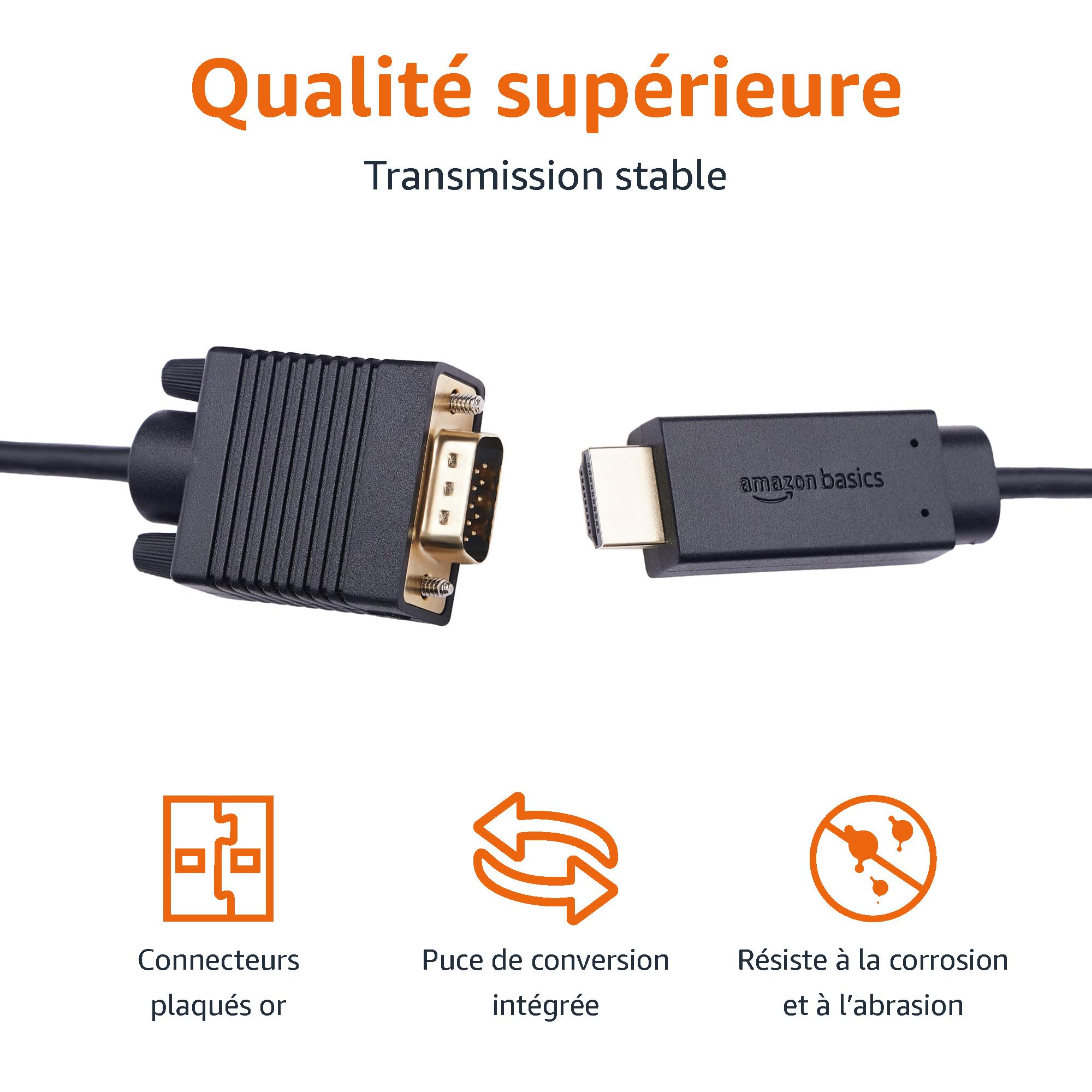 Amazon Basics Câble HDMI vers VGA 6 Feet Noir Plaqué Or