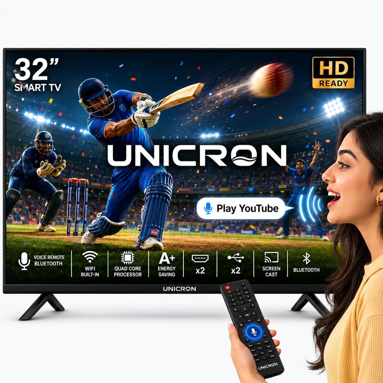 unicron 32 inch frameless smart led tv | voice control android smart tv | bluetooth, wifi, screen mirroring | hd ready display | hdmi, usb connectivity | smart television for home