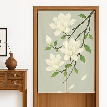 Japanese Noren Doorway Curtain White Flower Room Divider, Green Home Decorative Hanging Panel for Entryway, Kitchen, Hallway, 33.5" x 59"