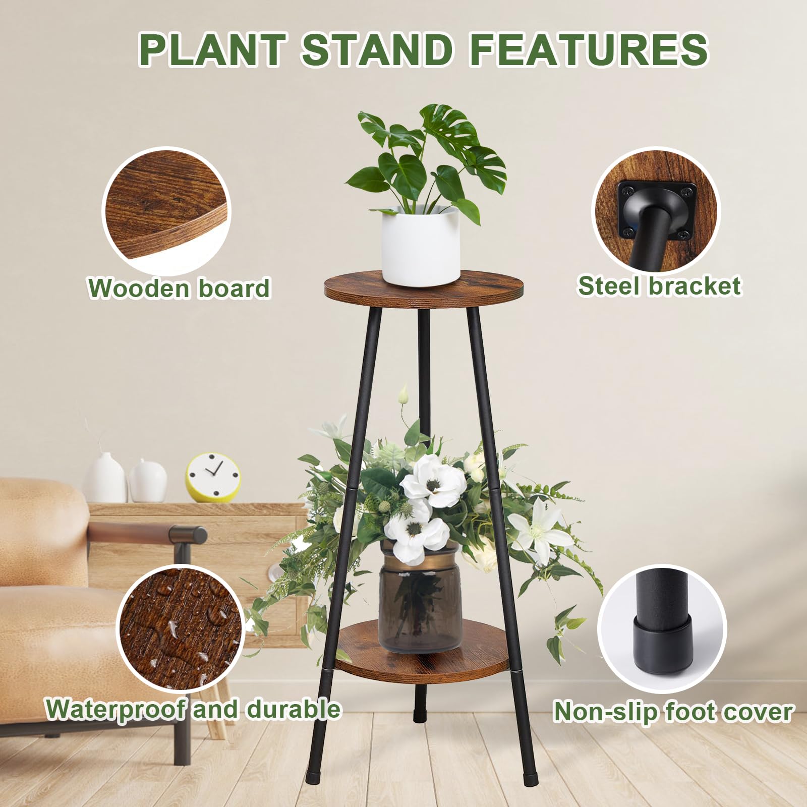 HUIKJI - Supporto per piante in legno, a 2 ripiani, ad angolo, per patio, balcone, ingresso, portico