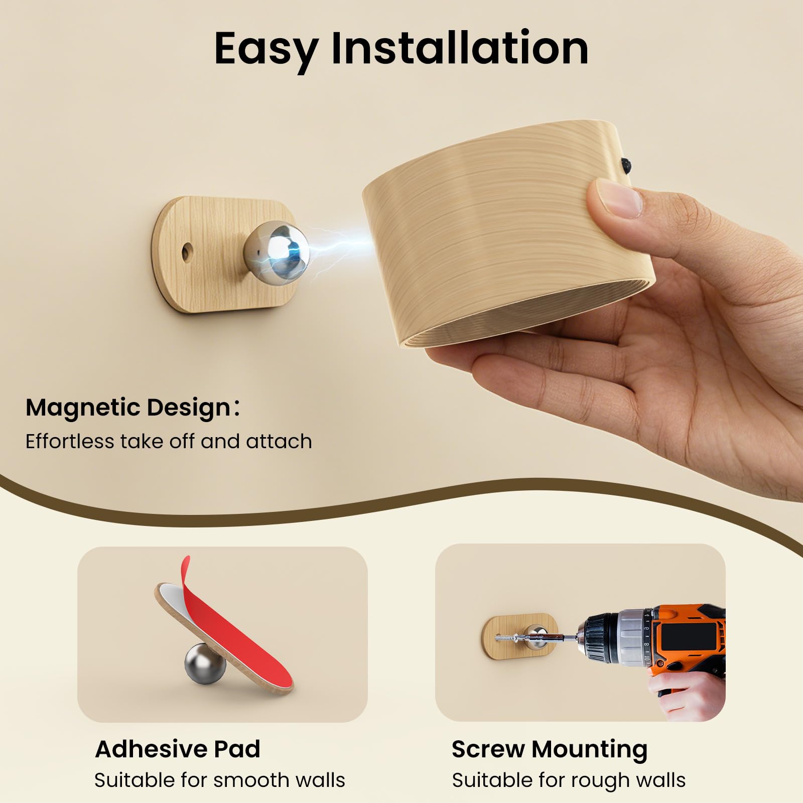 Koopala Apliques LED, lámparas de pared con puerto USB recargable que funciona con pilas, 3 temperaturas de color y 3 niveles de brillo, bola magnética giratoria de 360°, luces inalámbricas para leer