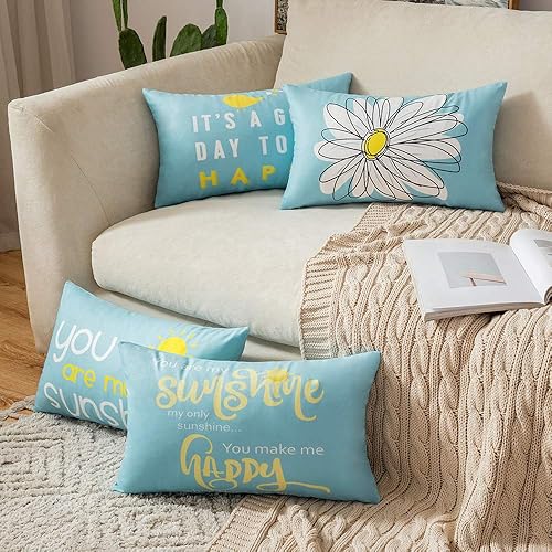 MIULEE Pack of 4 Decorative Cute Throw Pillow Covers Quote Words Bird Sunshine Flower Cushion Case Sham Pillowcases for Couch Sofa Bed 12 x 20 Inch Light Blue