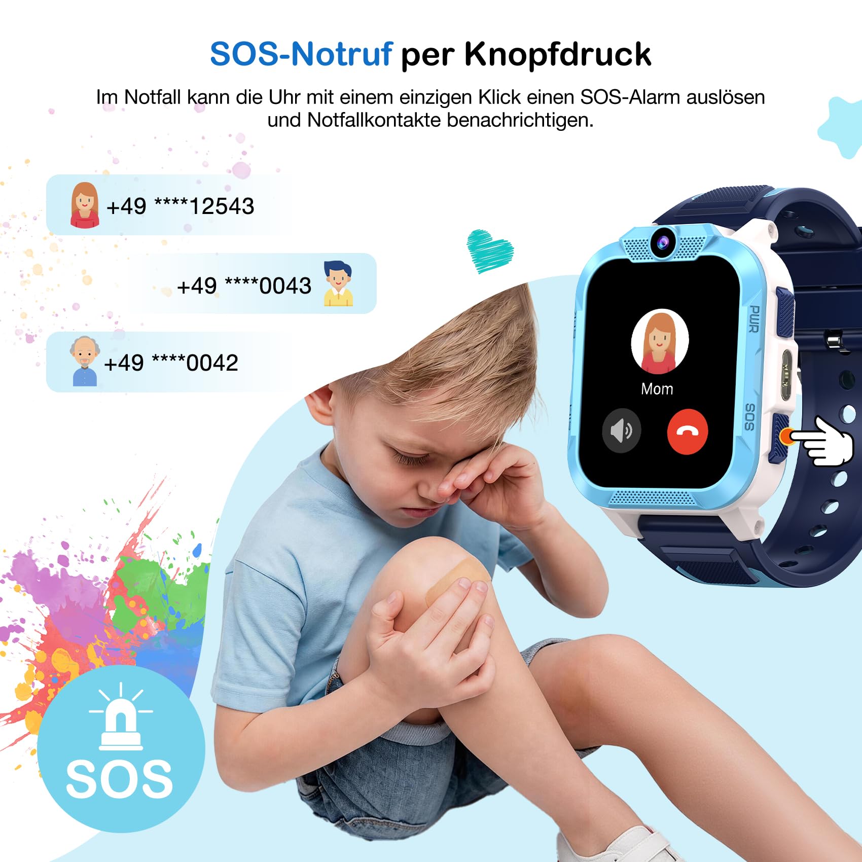 4G Smartwatch Kinder mit GPS und Telefon, SOS-Taste, Schulmodus | Kinder Telefonuhr mit SIM Slot, Taschenlampe，Sprachchat, Schrittzähler, IP68, Kinderuhr für Jungen Geschenke 4-12 Jahren