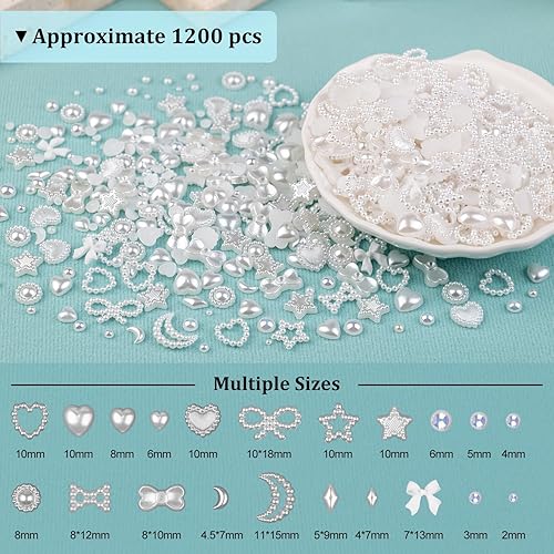 Miniatura 2 de 1200 dijes de uñas multiformas 3D y perlas de parte trasera plana, estilos AB blancos y blancos mezclados con corazón, estrella, arco de girasol,