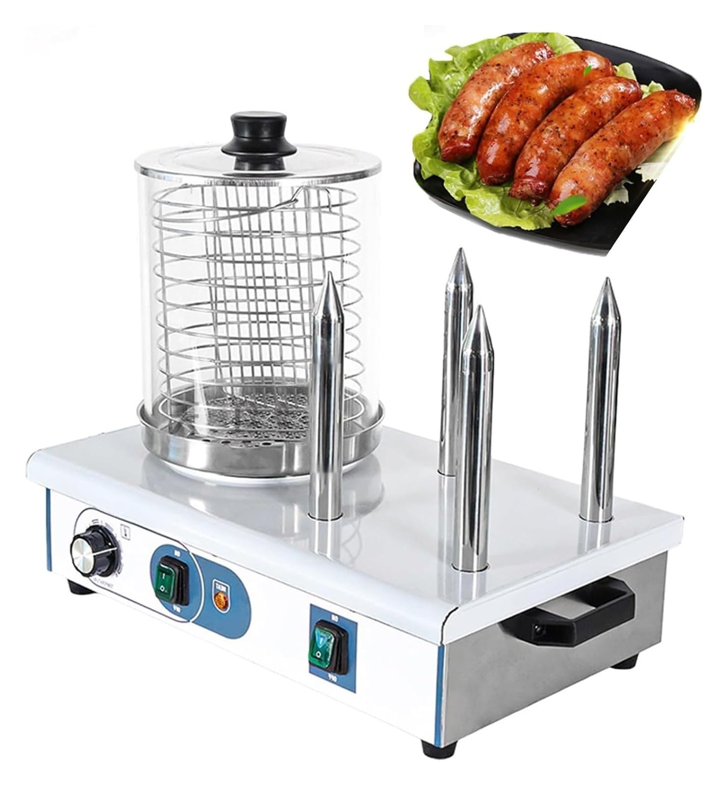 Machine Commerciale de Hot-Dog, Grill à 4 bâtons en Acier Inoxydable et Vapeur, Temp réglable 50-200°C, Style Moderne, 1200W, 20 Hot-Dogs à la Fois