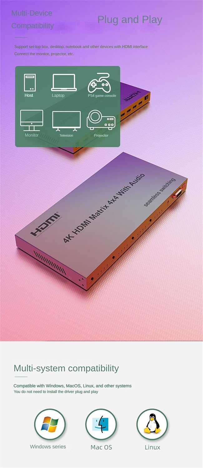 4K HDMI Matrix 4x4 with Audio (Seamless Switching),4K 30Hz HDMI Matrix Audio Separation Output for Set-top Box Computer Display Device Projector for PC PS3/4 HDTV