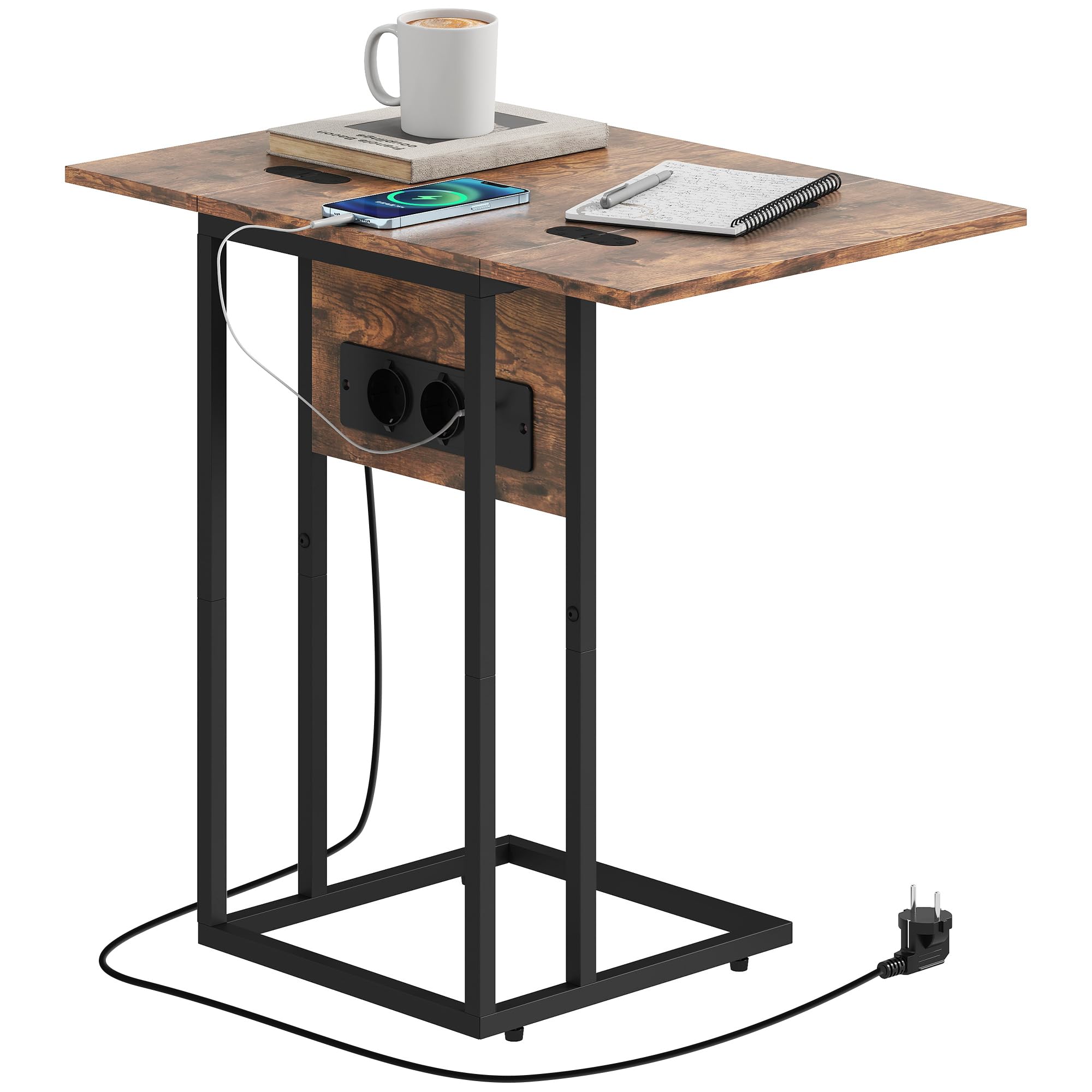 HOMCOM Mesa Auxiliar con Encimera Plegable 39x29x57 cm Marrón Rústico | Mesa Auxiliar para Sofá, Estación de Carga, Forma de C, Puerto USB y USB-C, Salón y Dormitorio