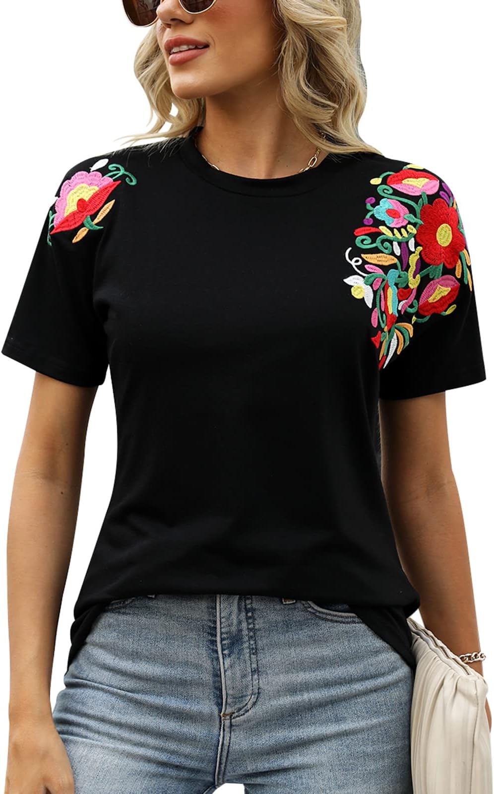VackutlivMexican Shirts for Women Embroidered Tops Traditional Summer Blouse Women's Floral Tunic Round Neck Short Sleeve