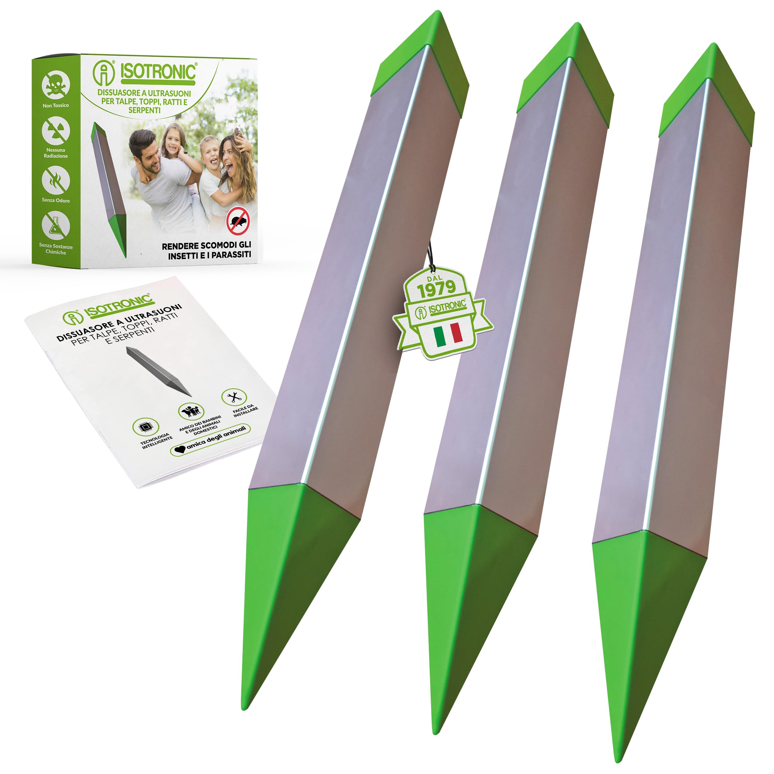 ISOTRONIC Repellente per talpe, arvicole e serpenti – Repellente per talpe a batteria con picchetto per il giardino – Area di copertura effettiva 1.250 m² (3 unità)