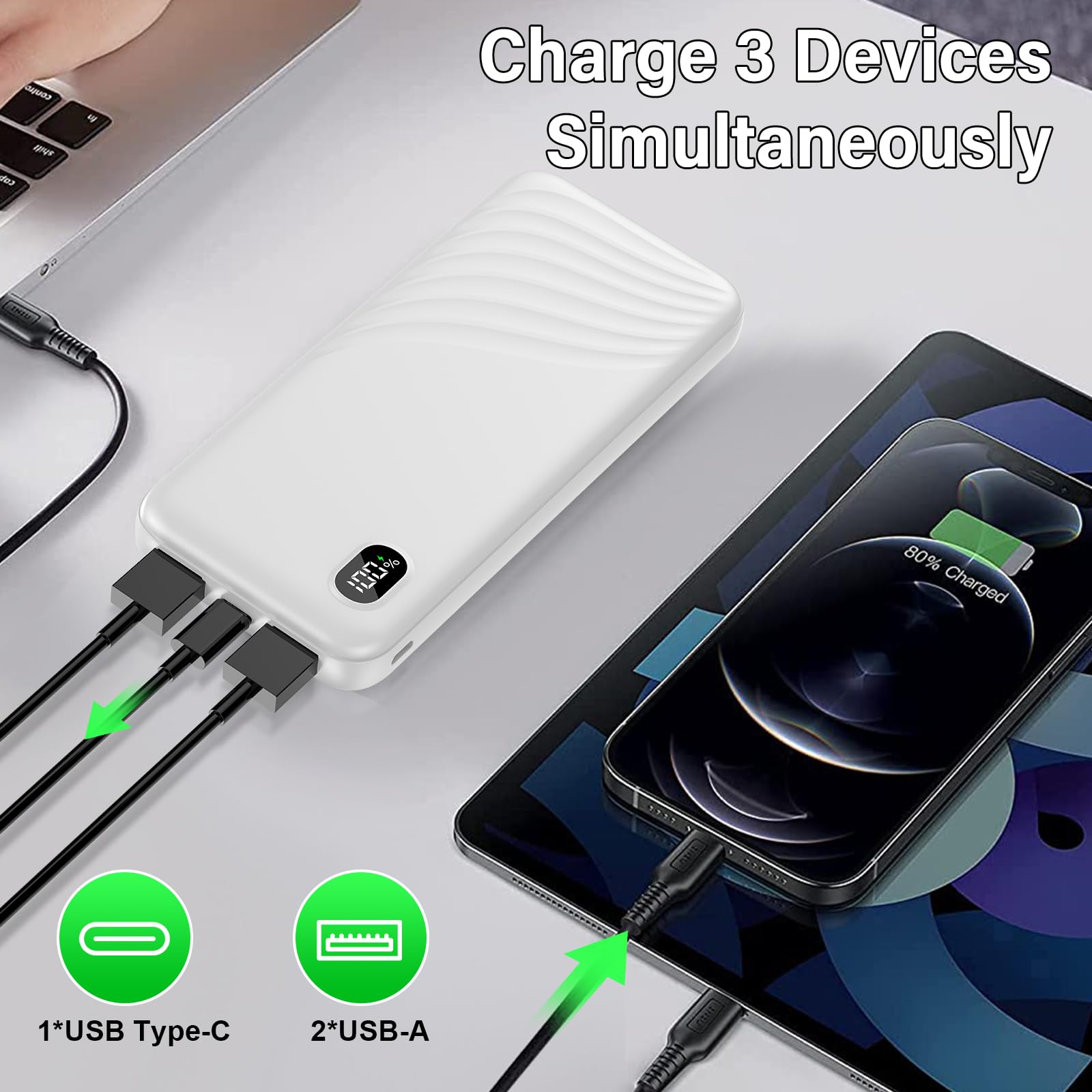 Power Bank, 10000mAh Ultra Sottile & Leggero Powerbank, PD QC 3.0 Caricatore portatile 22,5W/3A Carica Rapida, 4 Porte Batteria Esterna (output ＆ input) Display Digitale a LED per IOS Androide Bianco