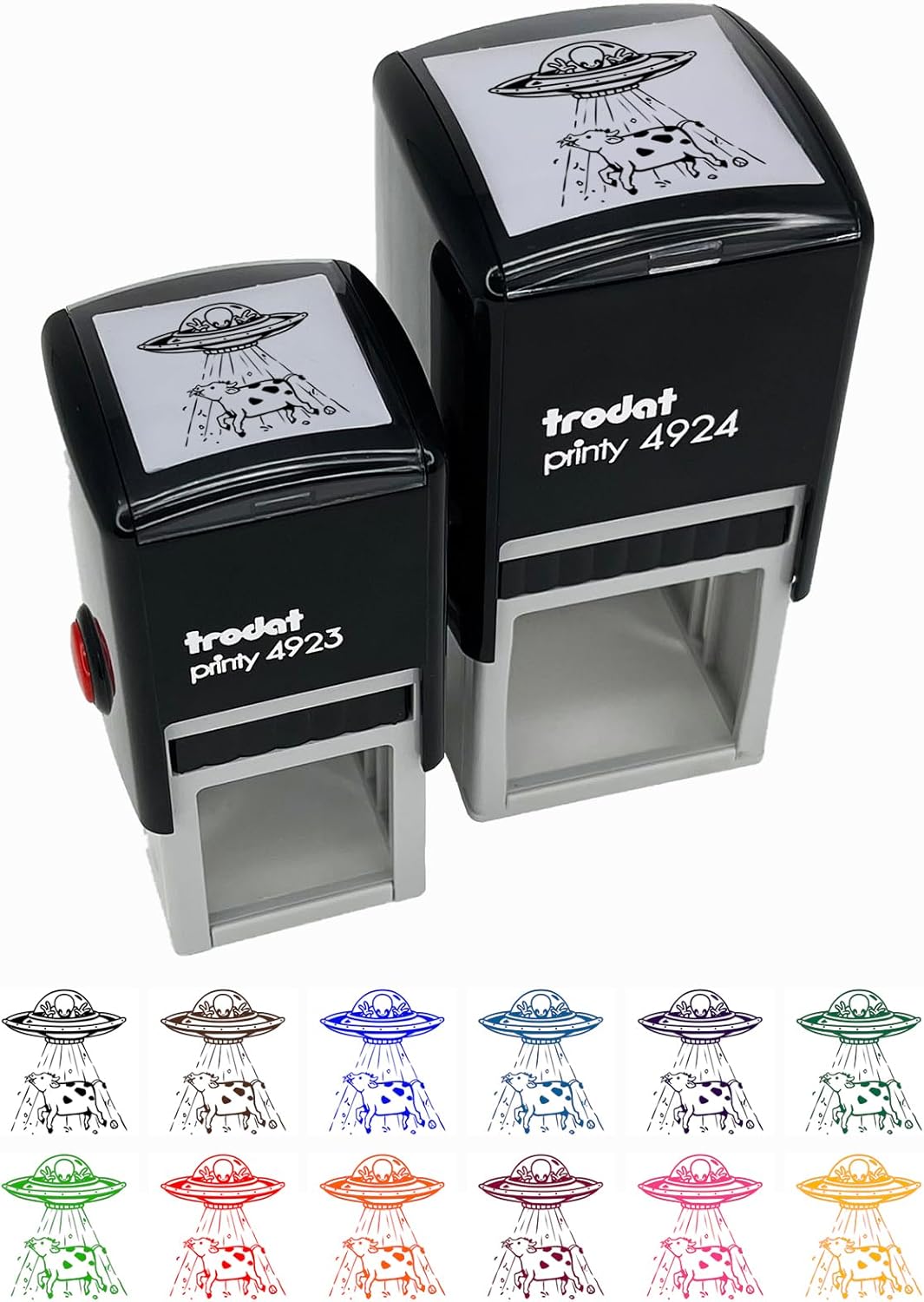 Alien UFO Abducting a Cow Self-Inking Rubber Stamp Ink Stamper - 1-1/2 Inch Large - Blue Ink